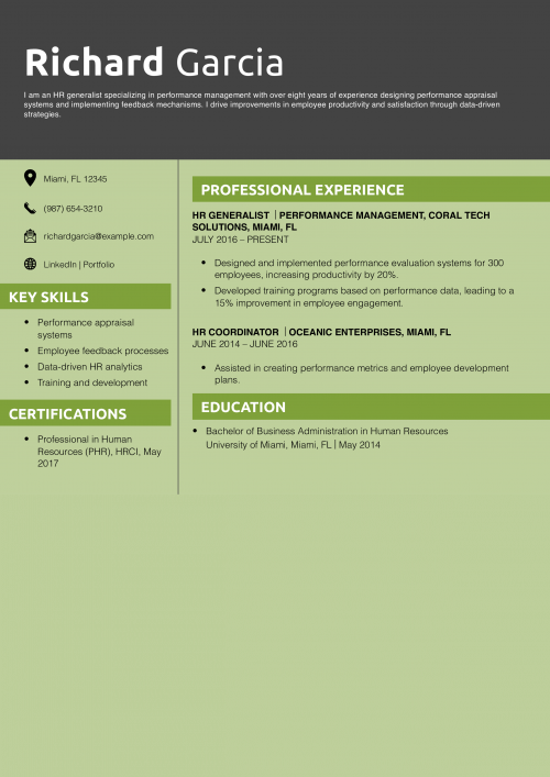 HR Generalist Performance Management Resume Example