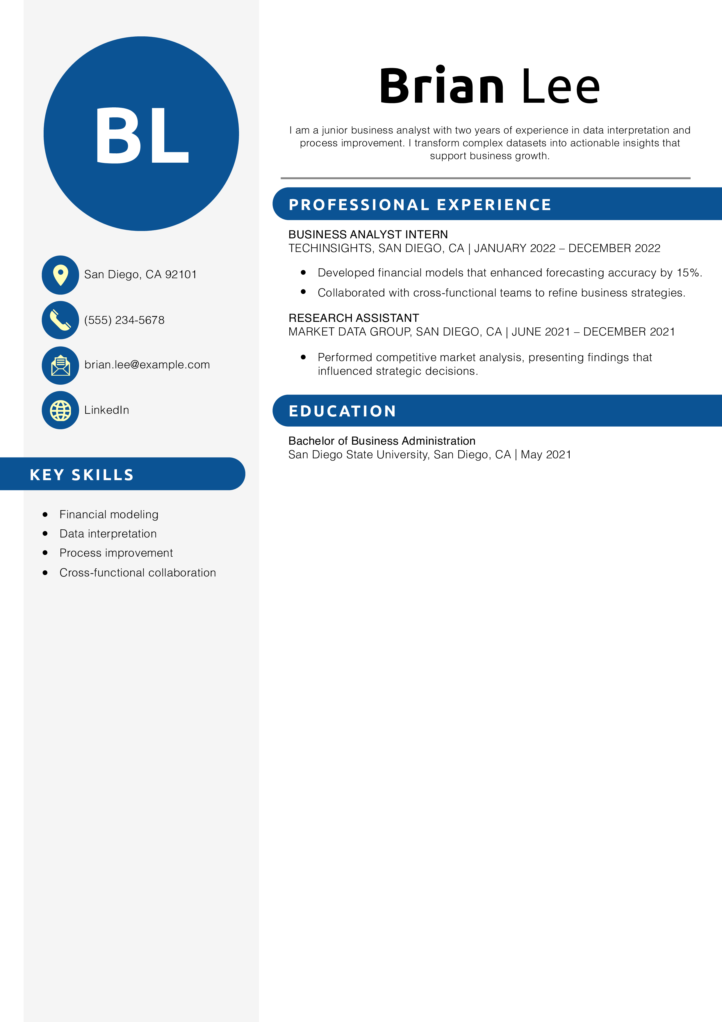 Junior Business Analyst Resume Example