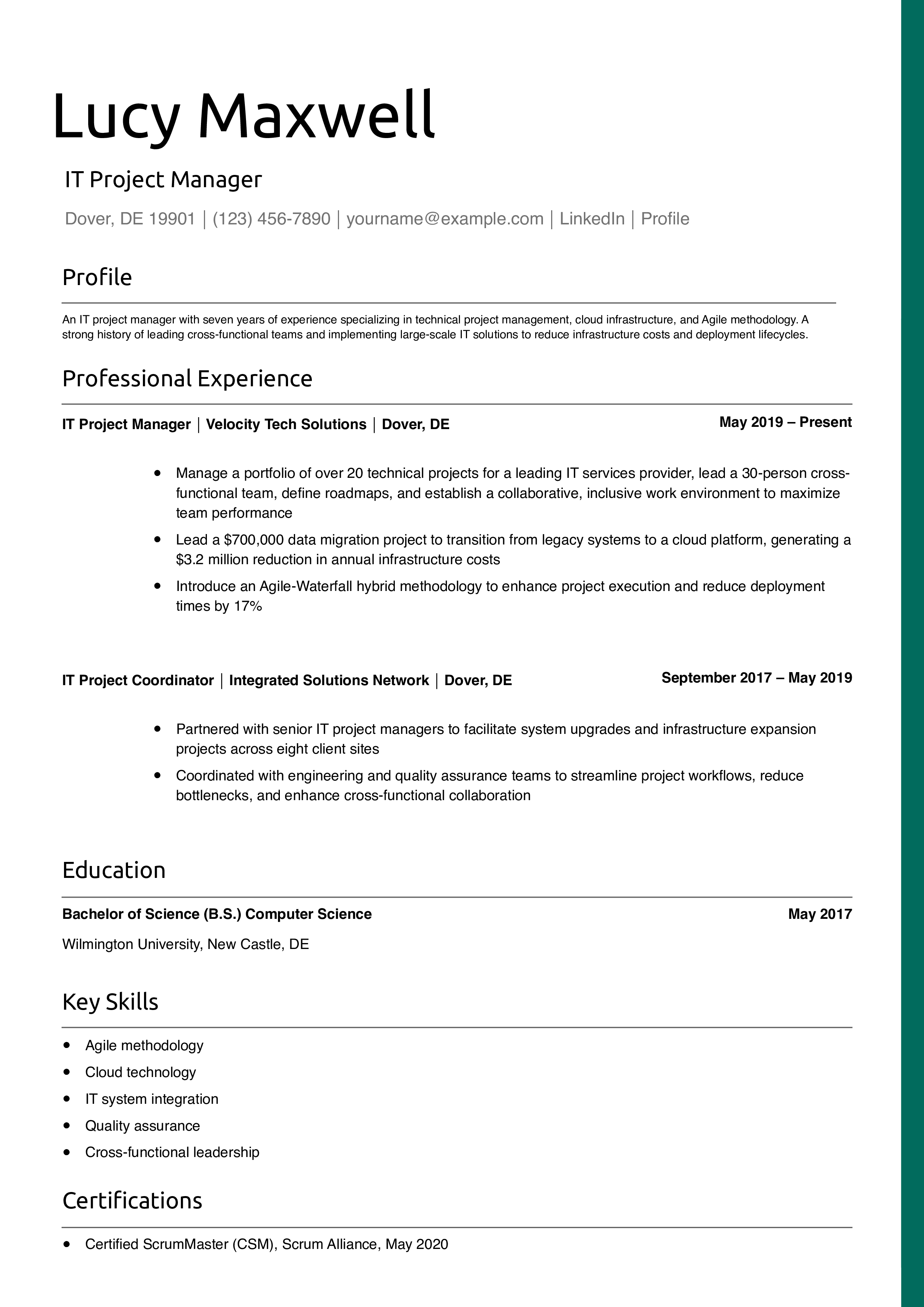 IT Project Manager Resume Example