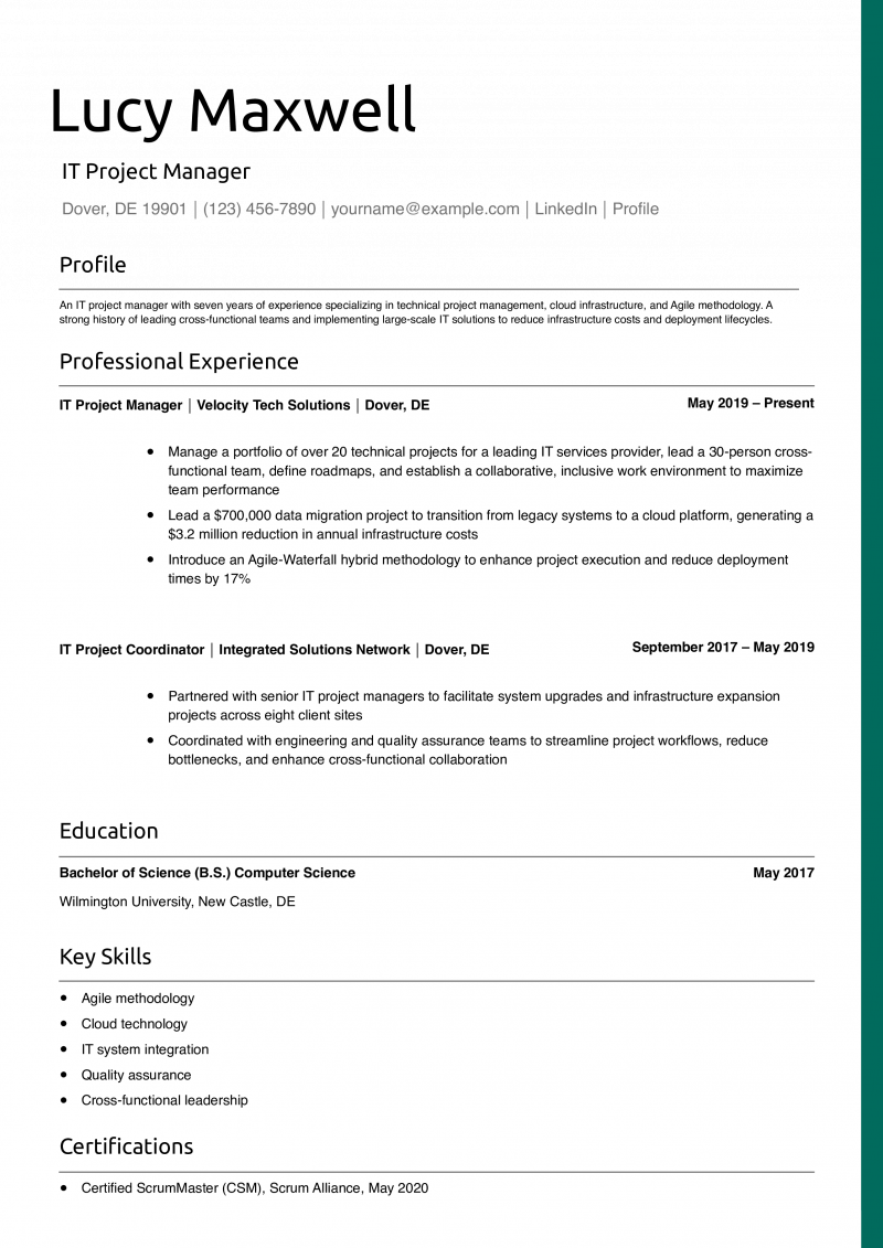 IT Project Manager Resume Example