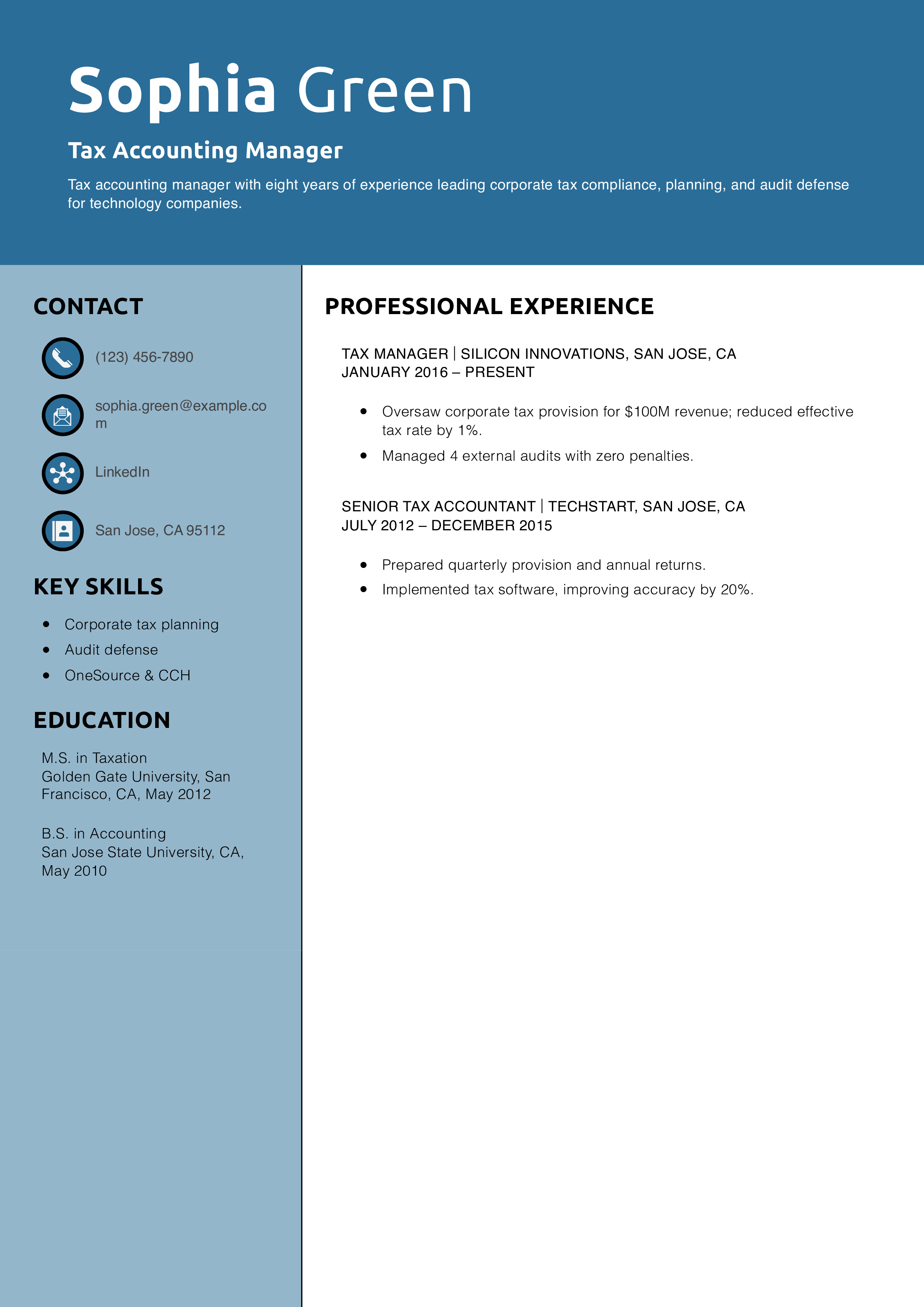 Tax Accounting Manager Resume Example