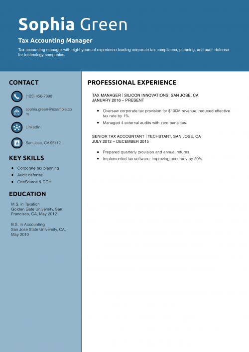Tax Accounting Manager Resume Example