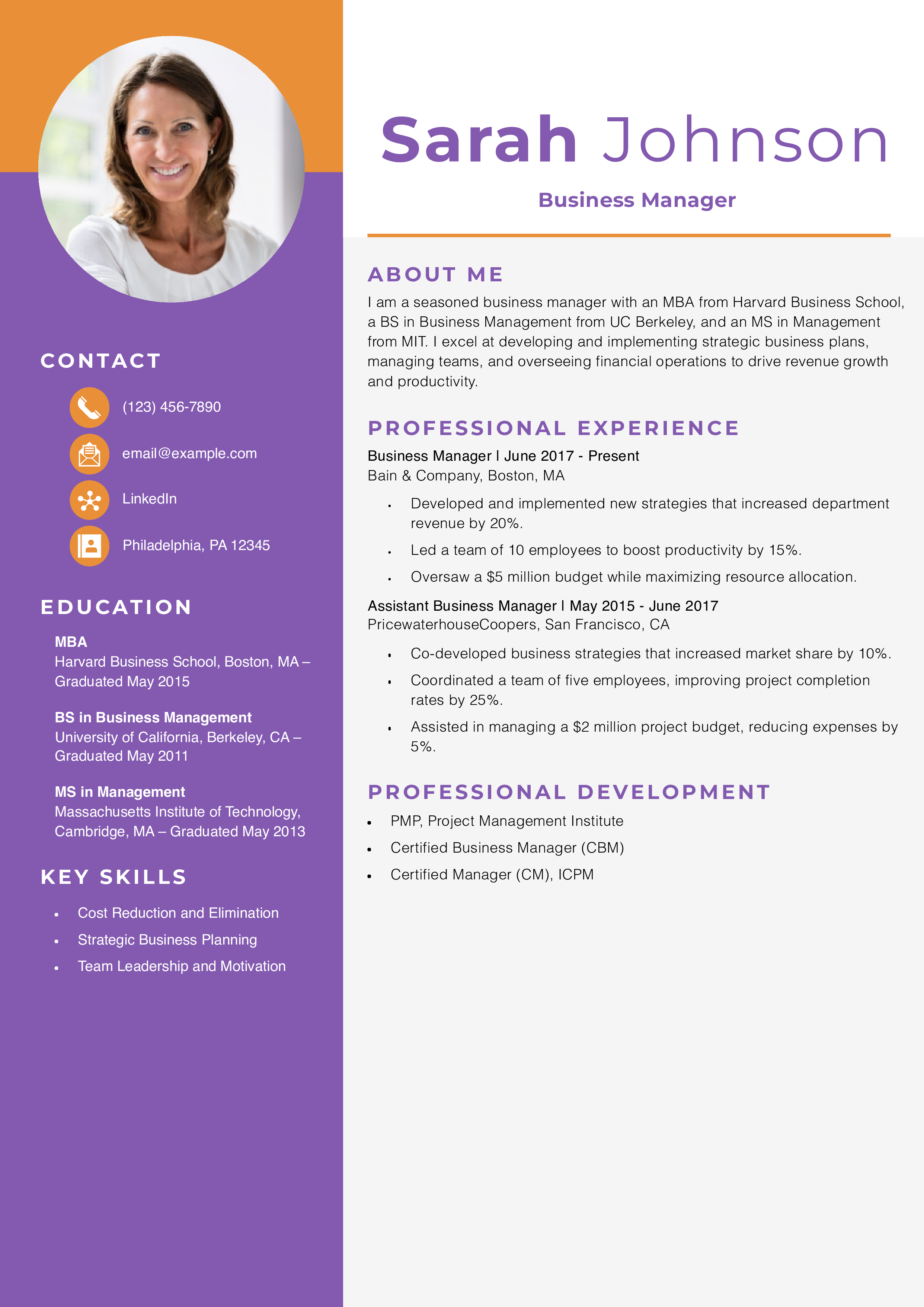 Business Manager Resume Example