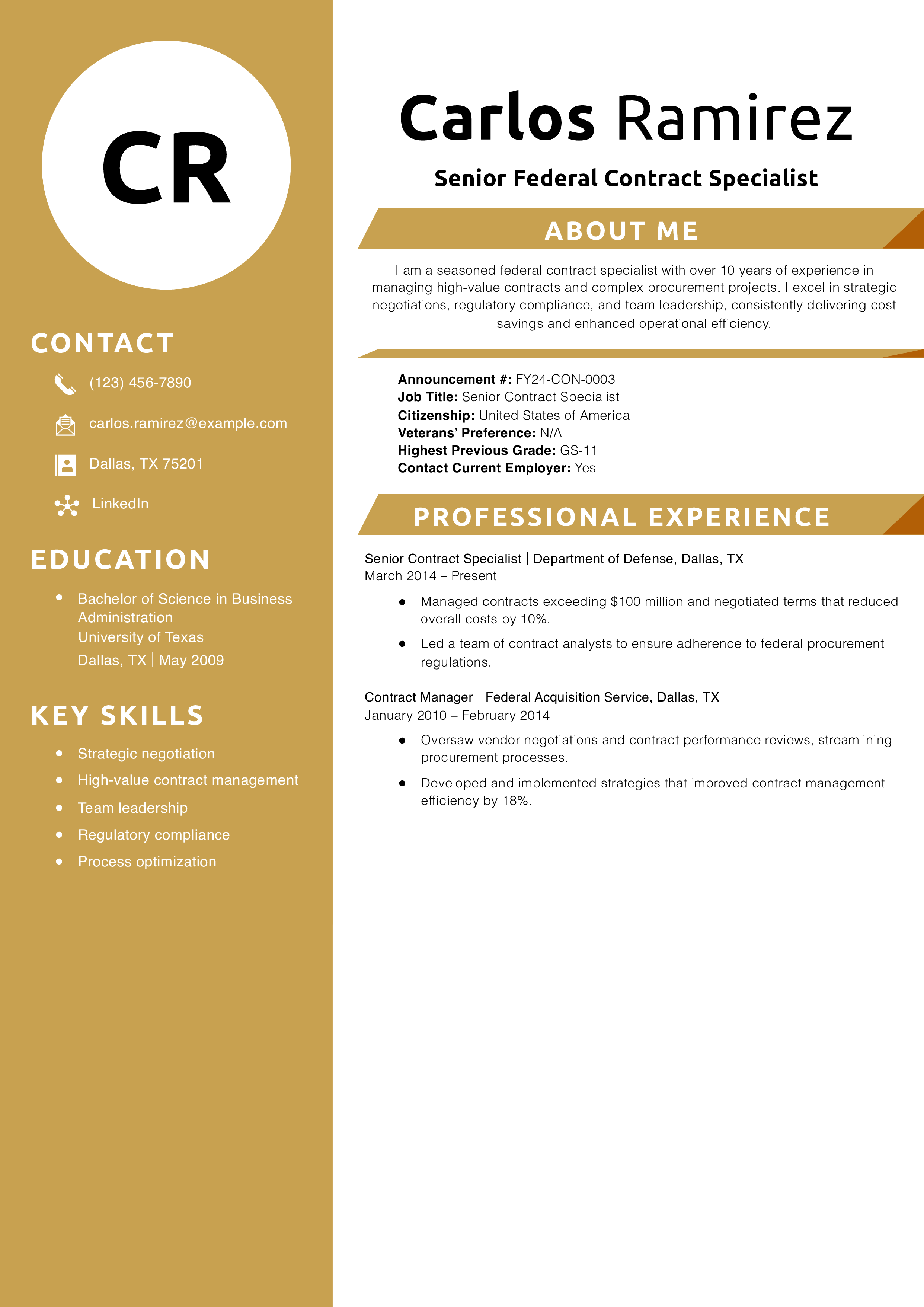 Senior Federal Contract Specialist Resume Example