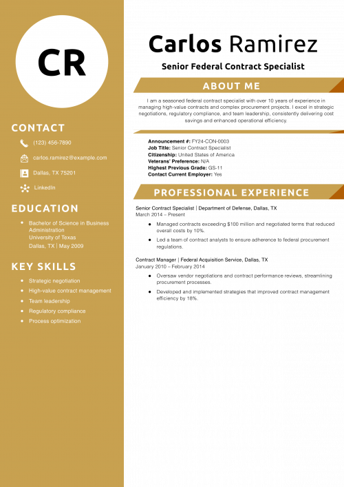 Senior Federal Contract Specialist Resume Example