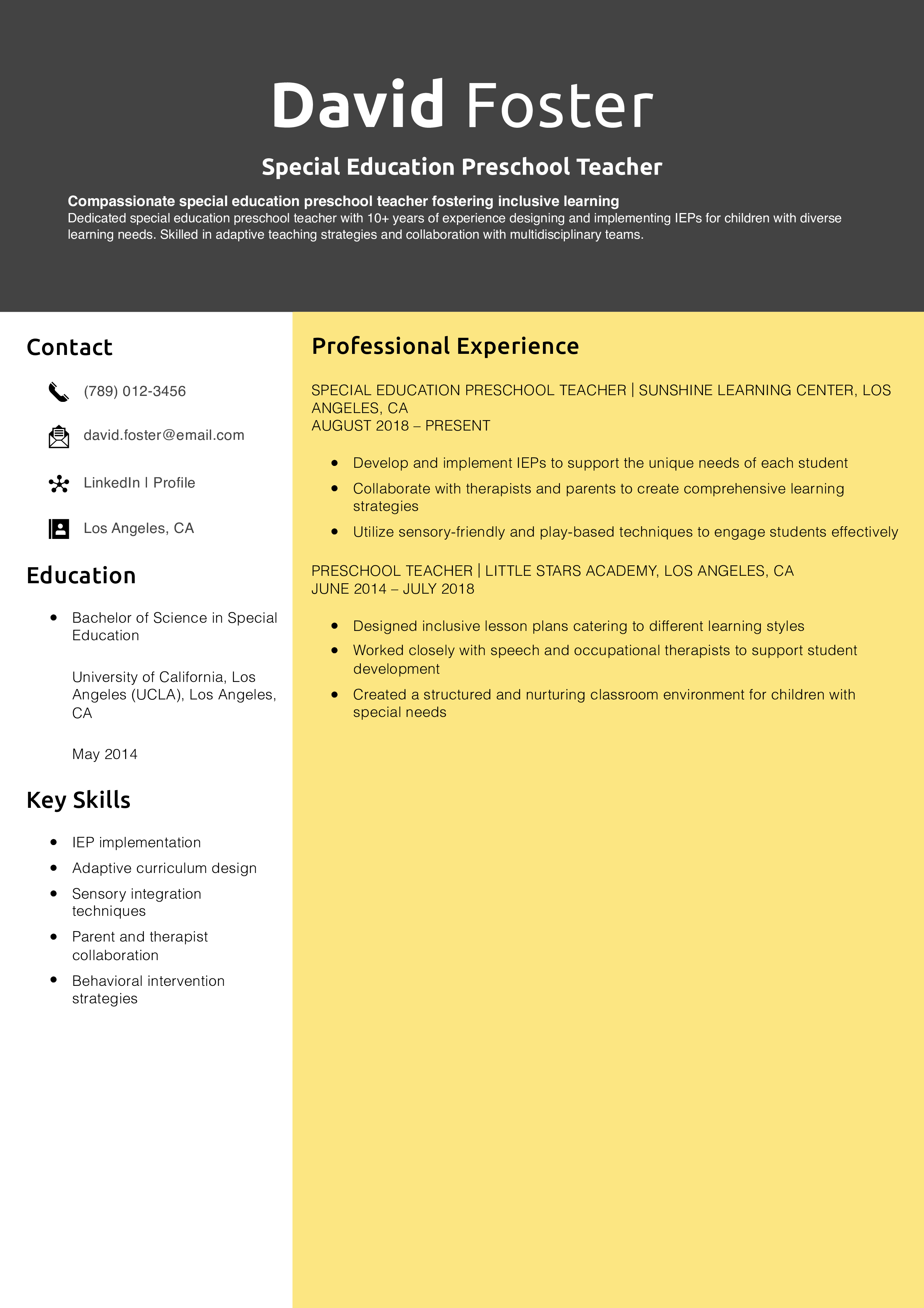 Special Education Preschool Teacher Resume