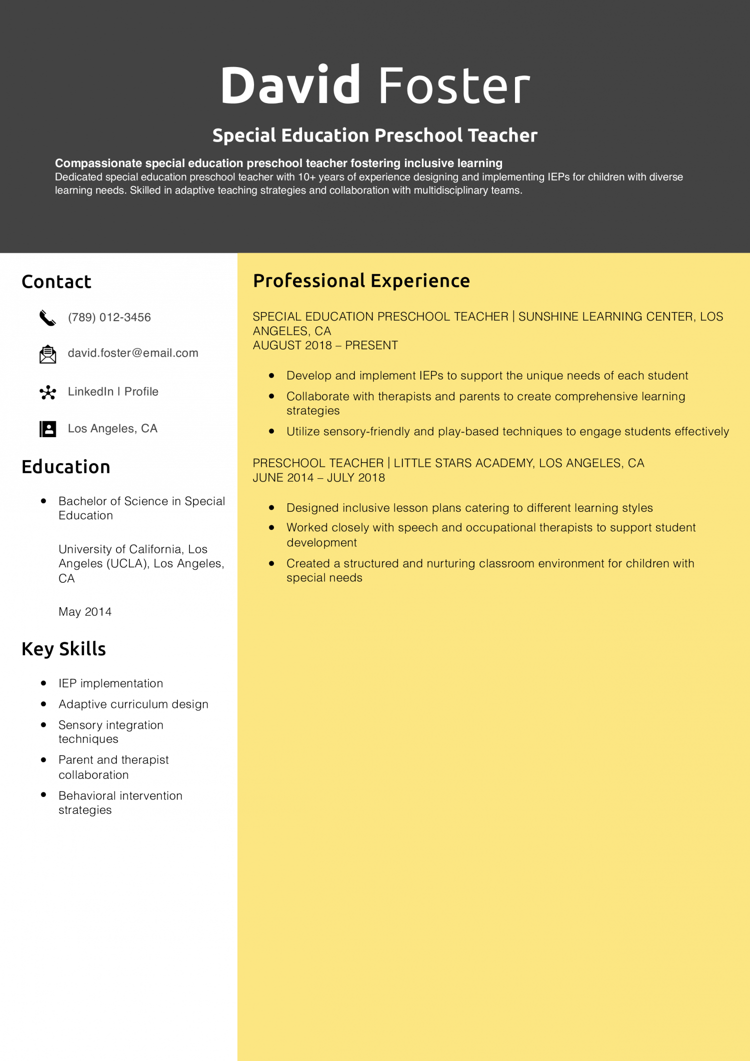 Special Education Preschool Teacher Resume