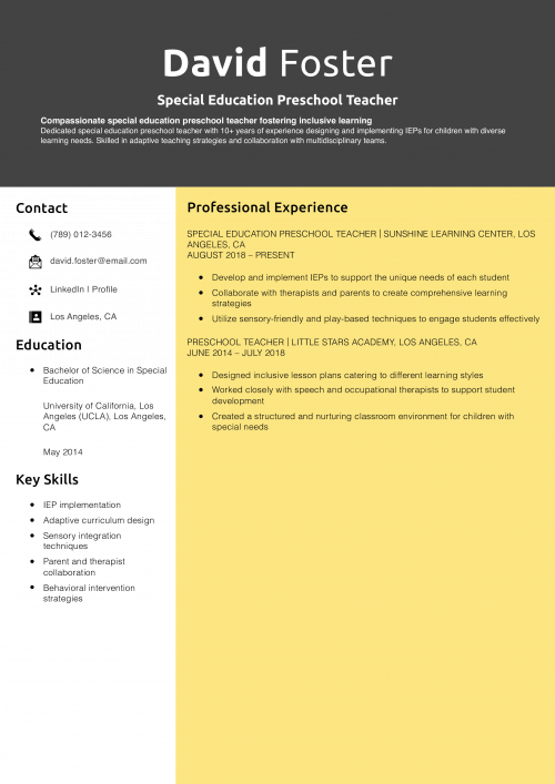 Special Education Preschool Teacher Resume