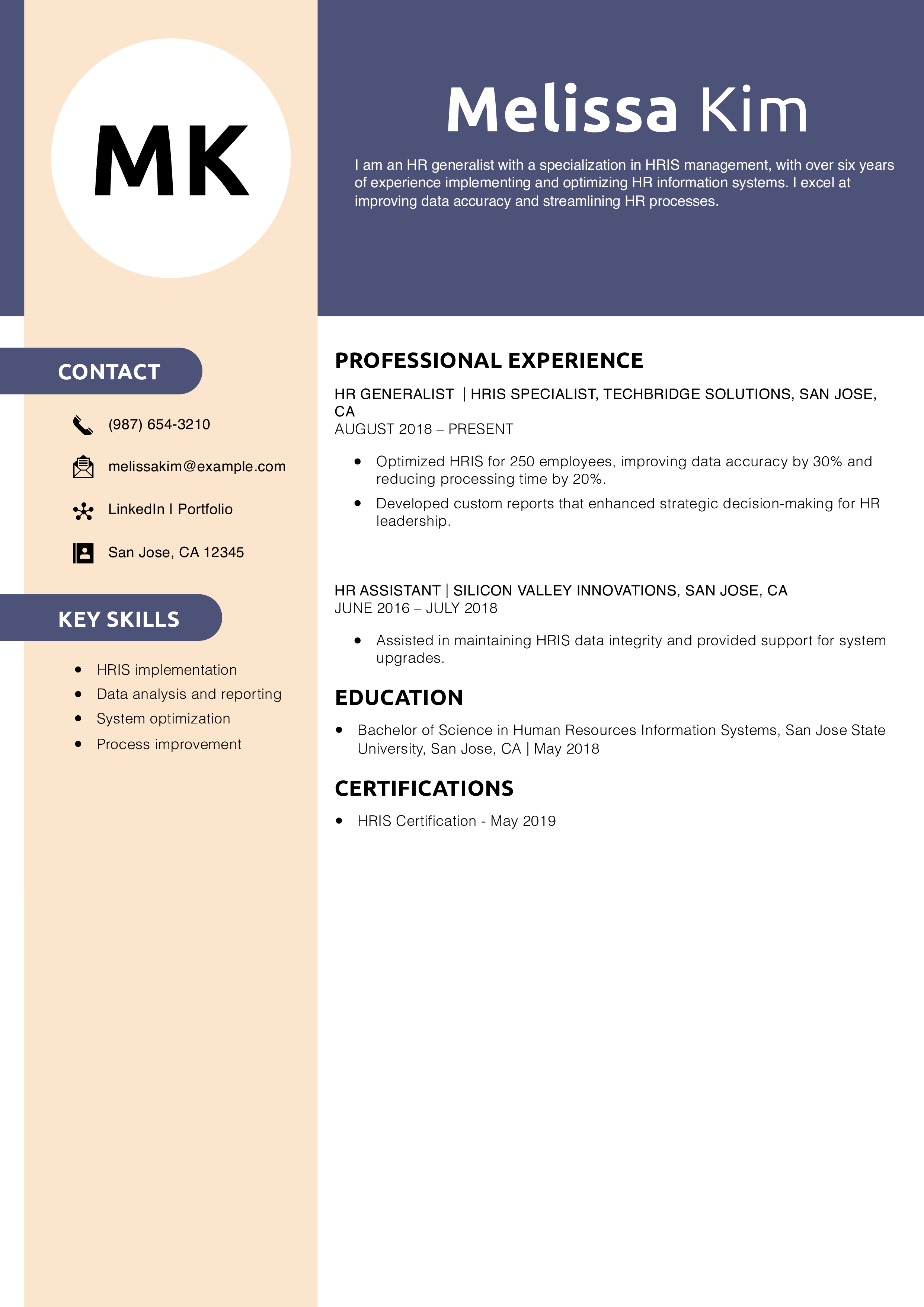 HR Generalist HRIS Specialist Resume Example