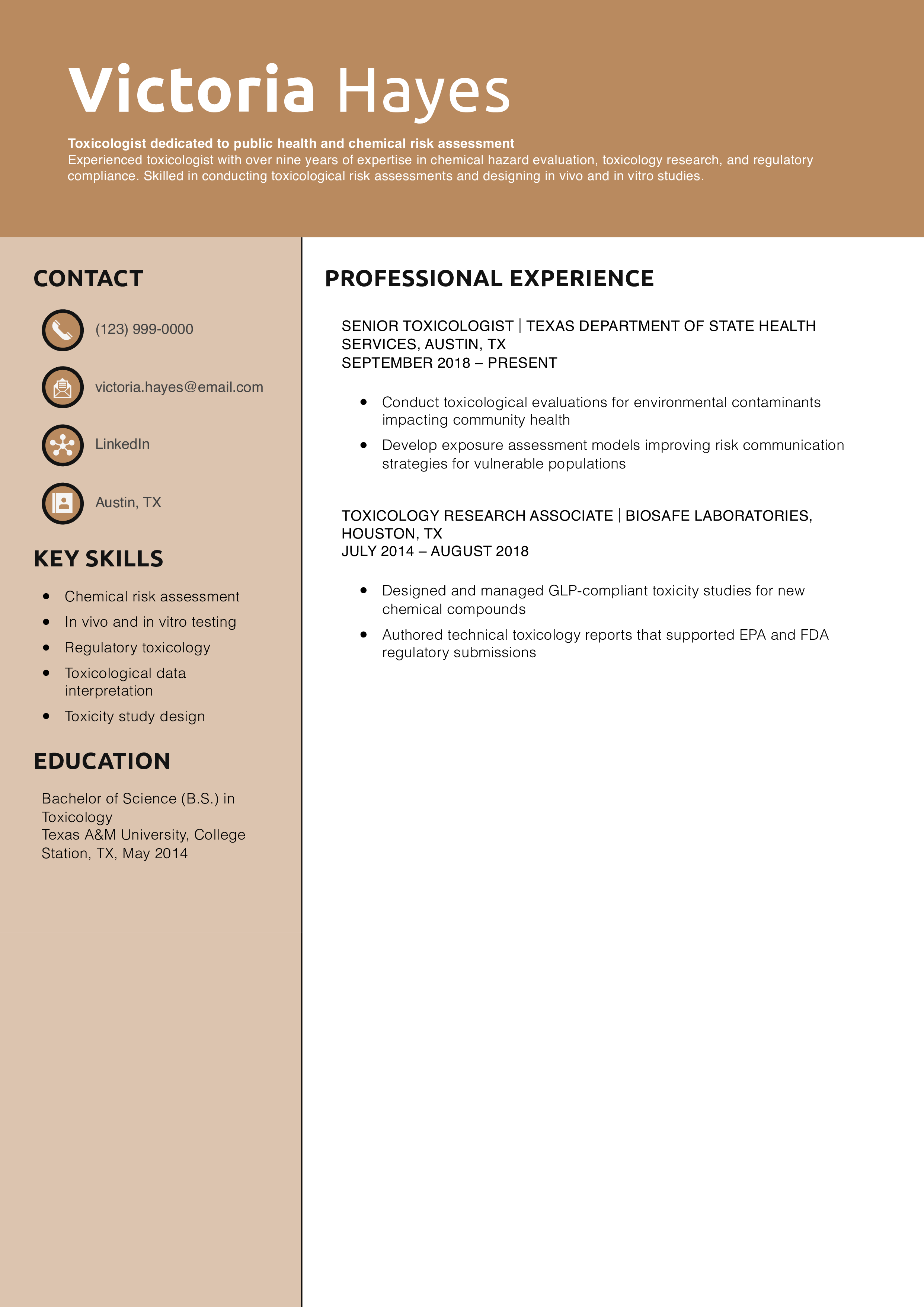 Toxicologist Resume Example