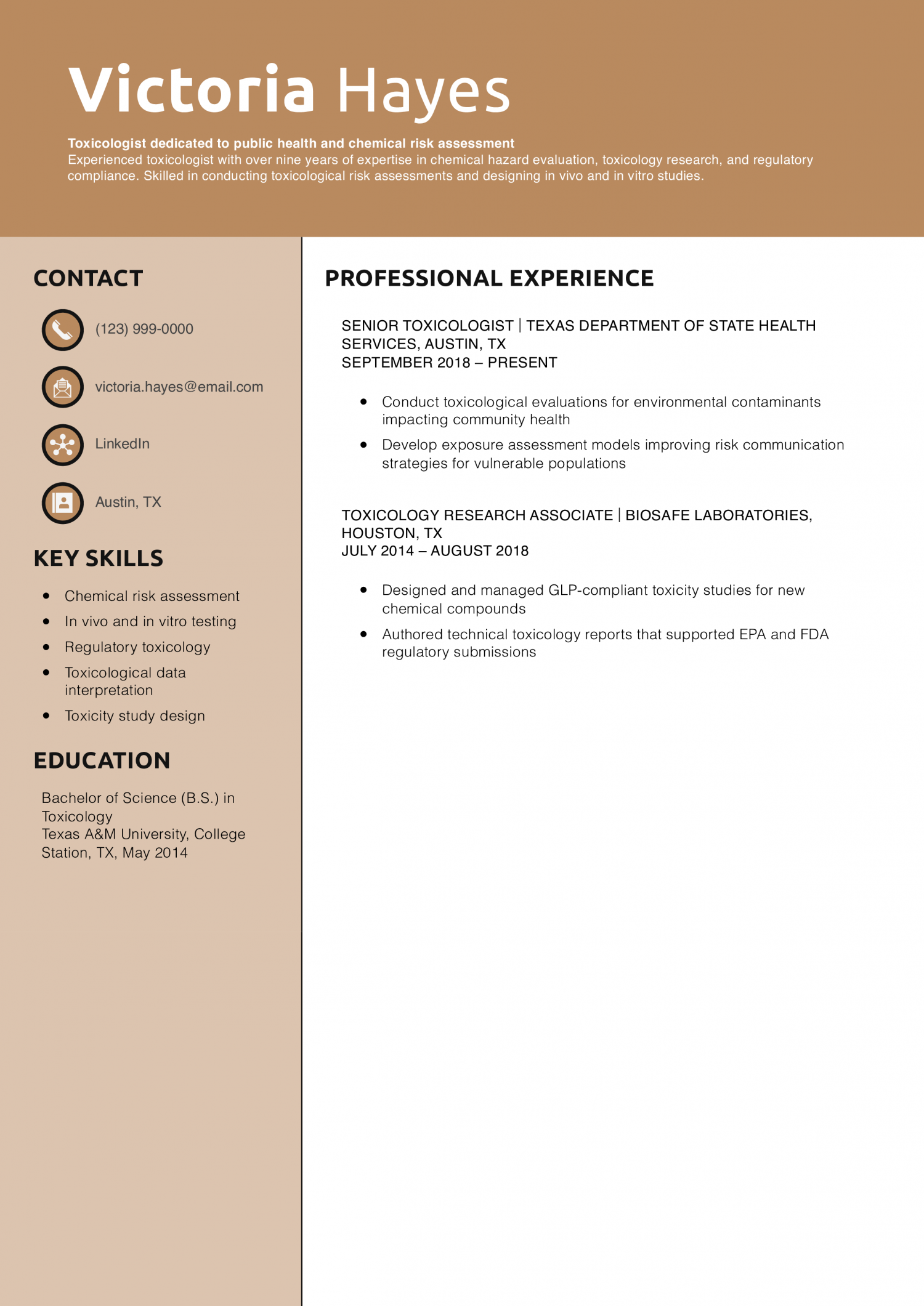 Toxicologist Resume Example