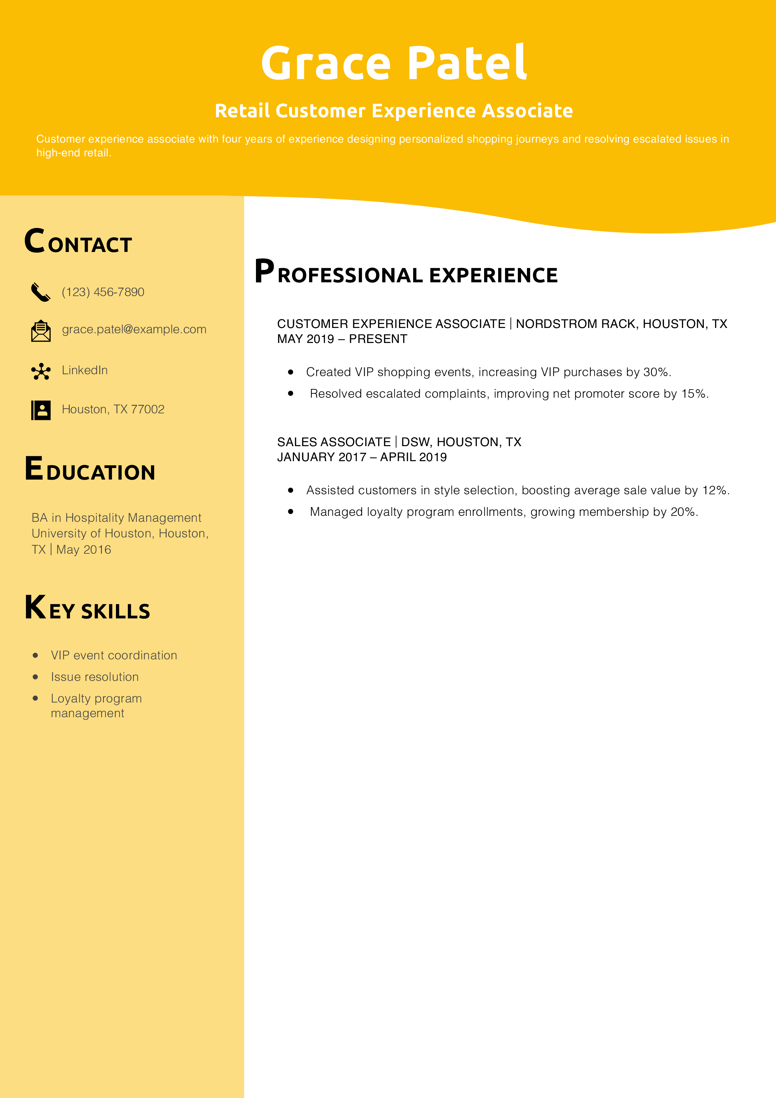 Retail Customer Experience Associate Resume Example