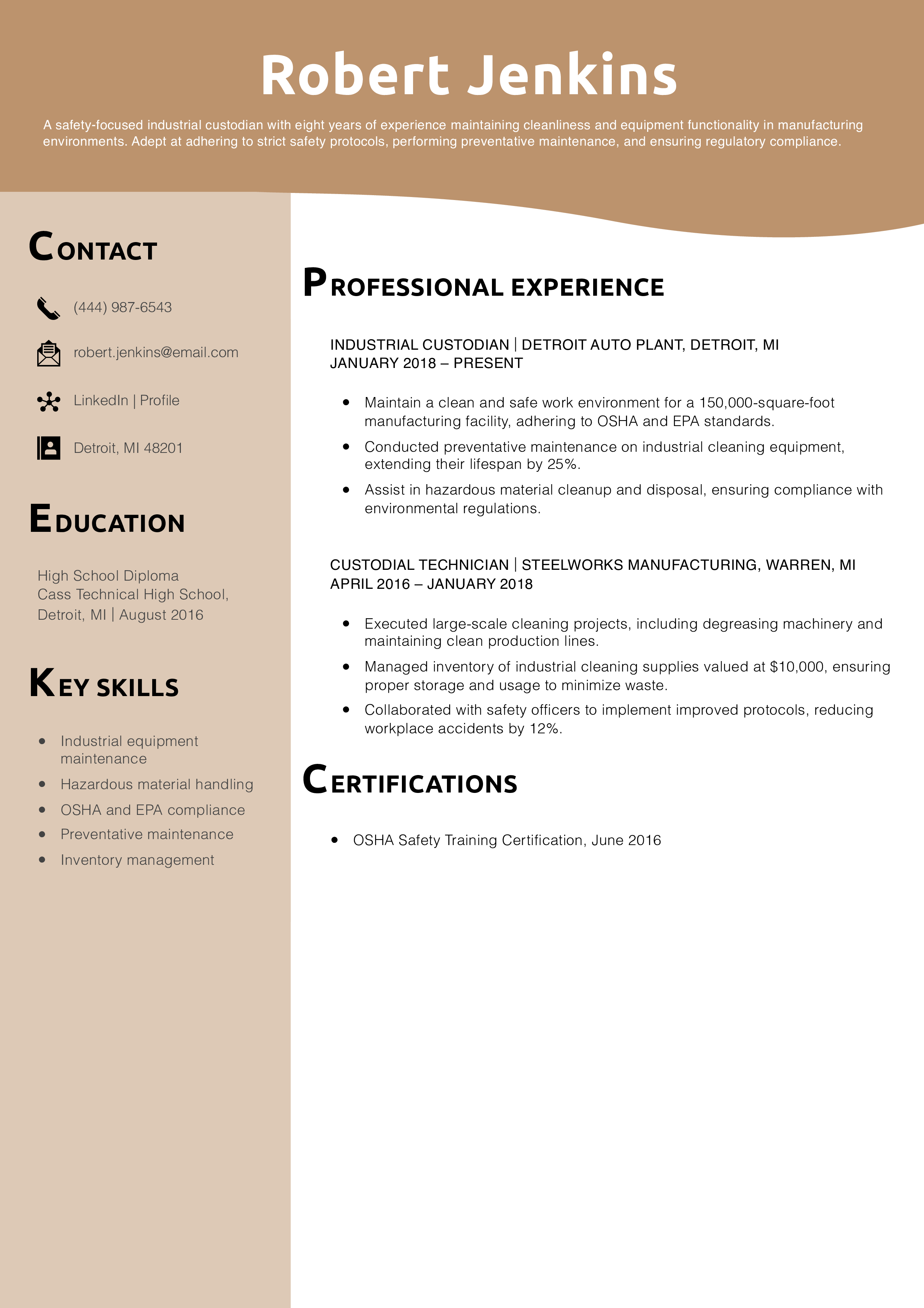 Industrial Custodian Resume Example