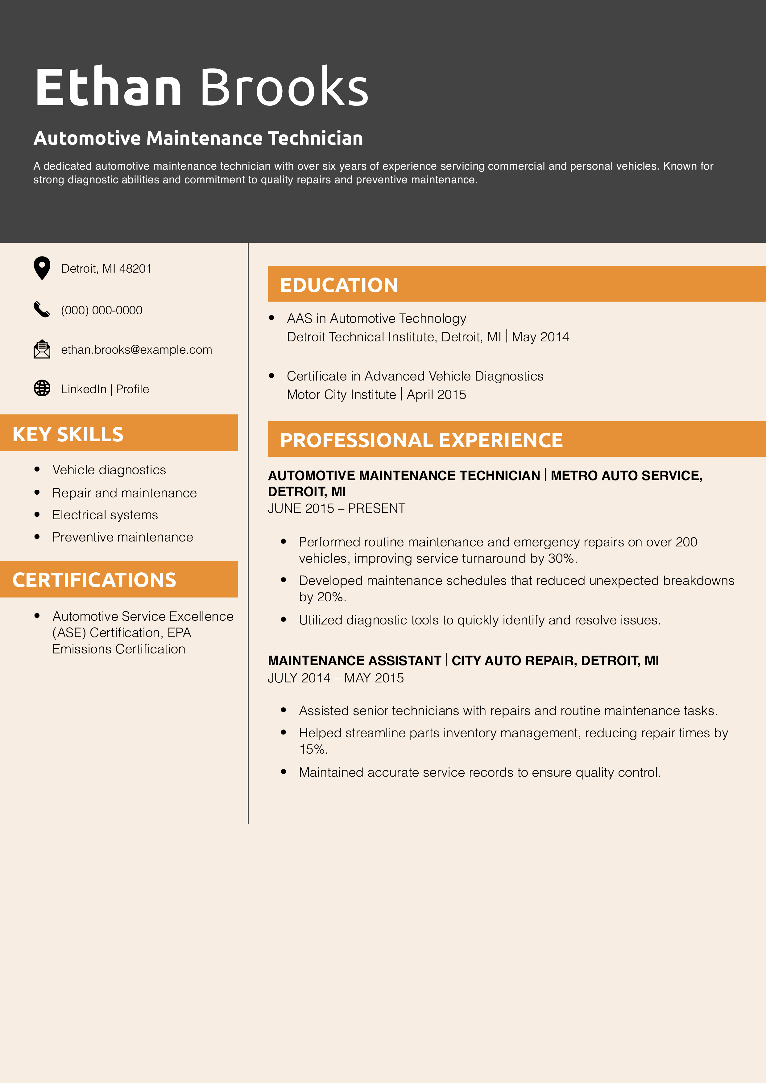 Automotive Maintenance Technician Resume Example