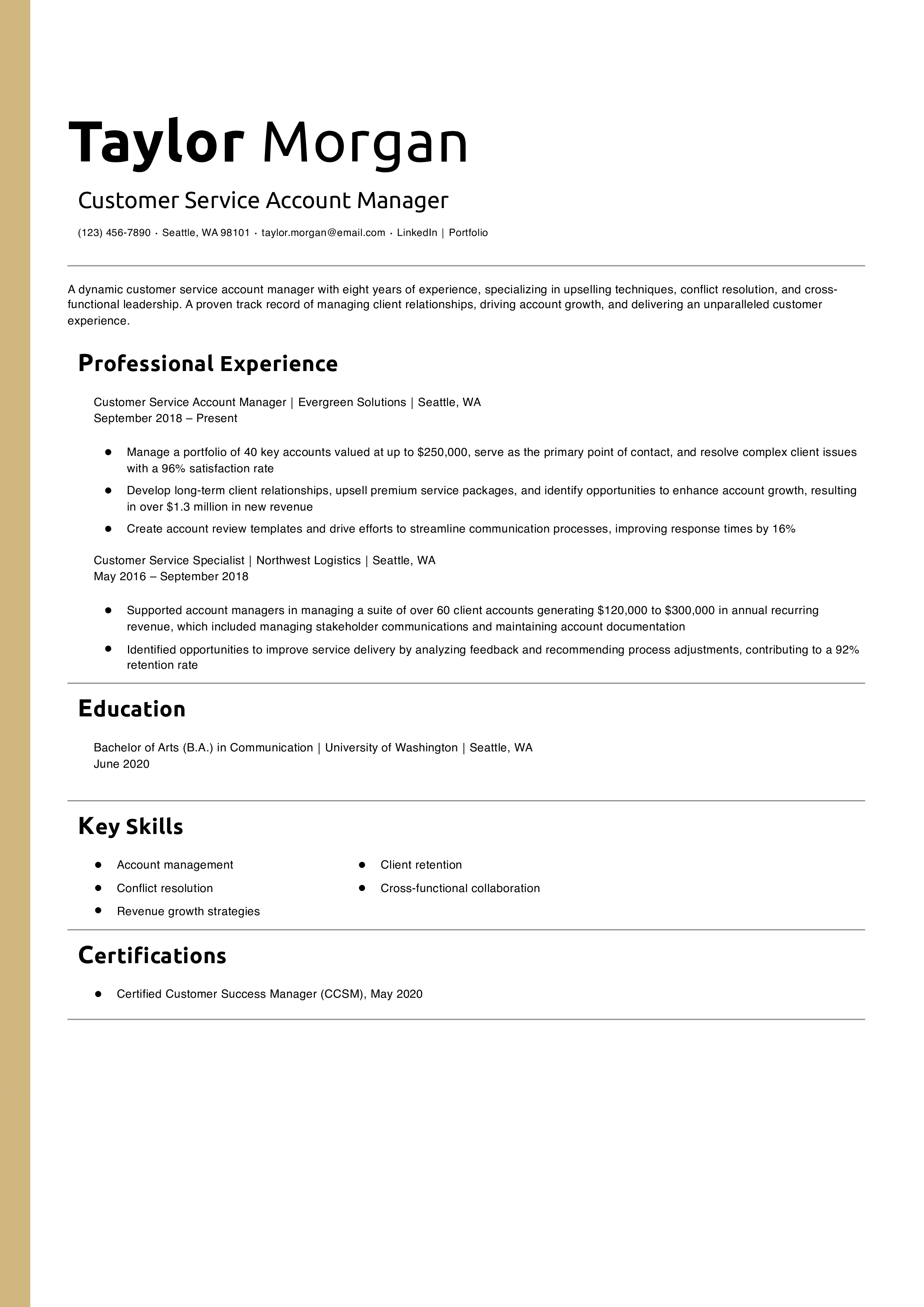 Customer Service Account Manager Resume Example