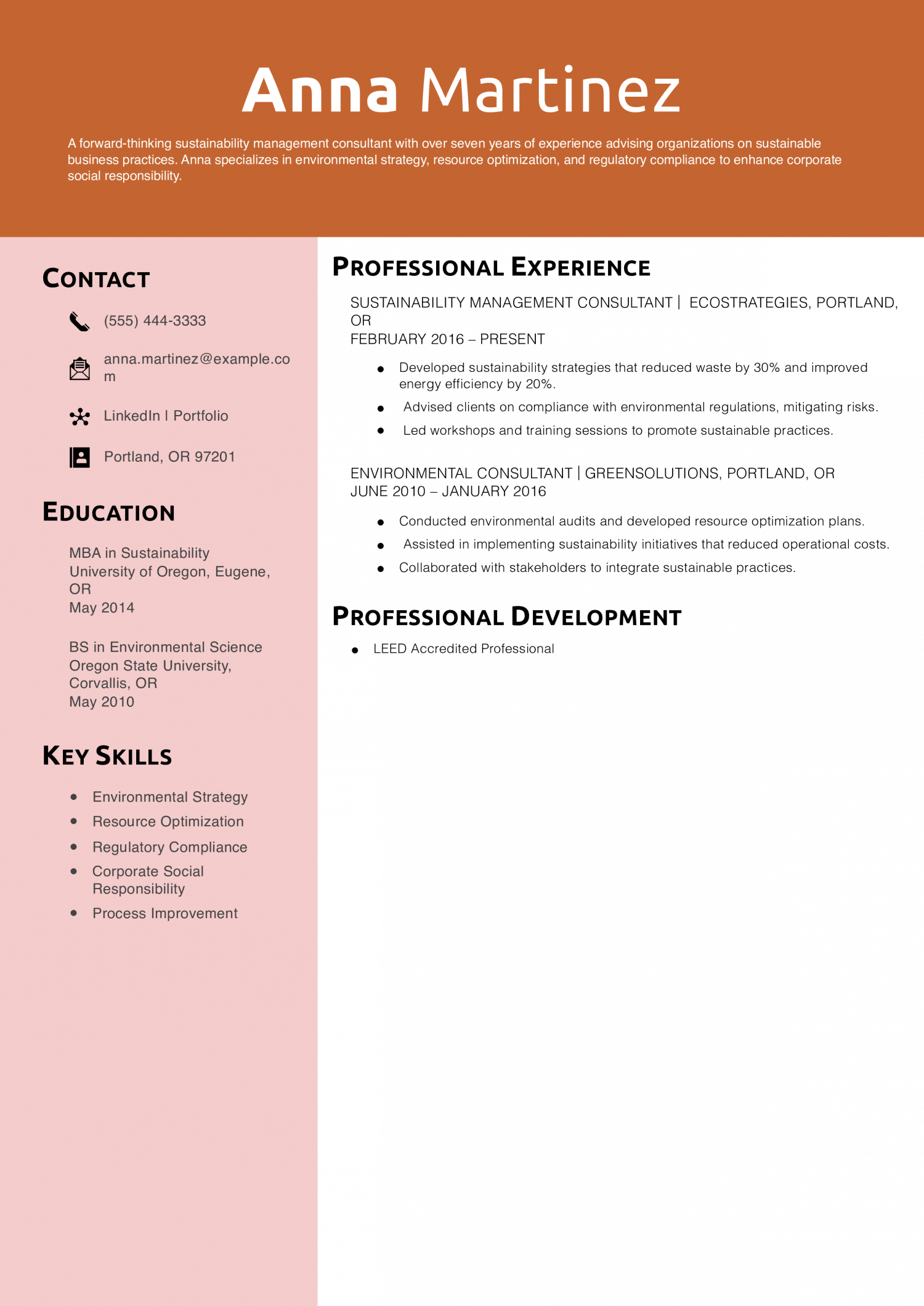 Sustainability Management Consultant Resume Example