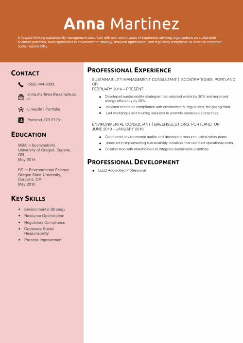 Sustainability Management Consultant Resume Example