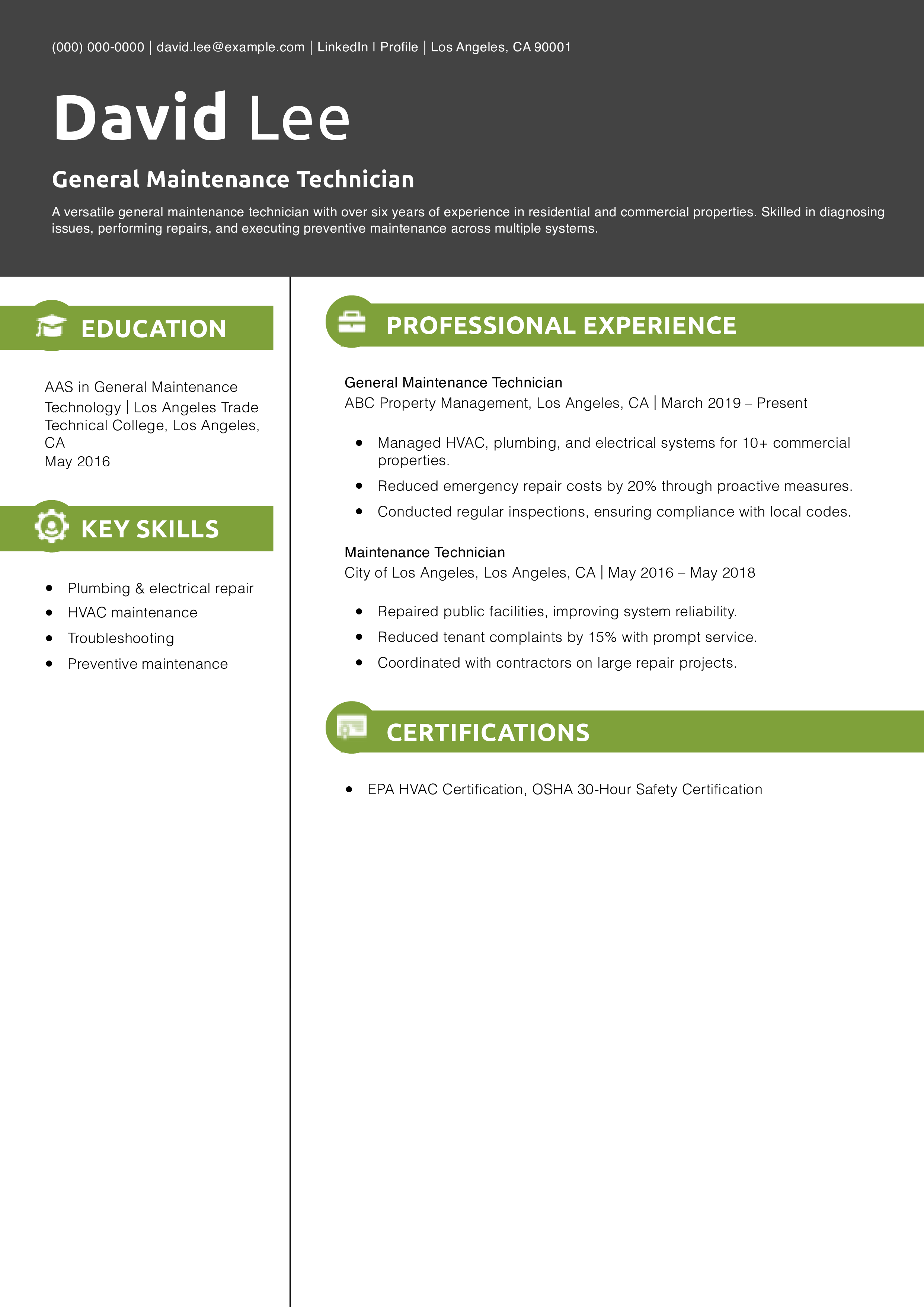 General Maintenance Technician Resume Example