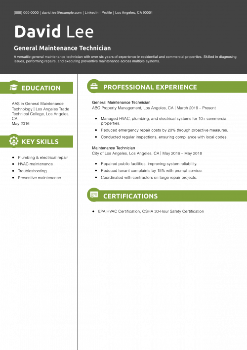 General Maintenance Technician Resume Example