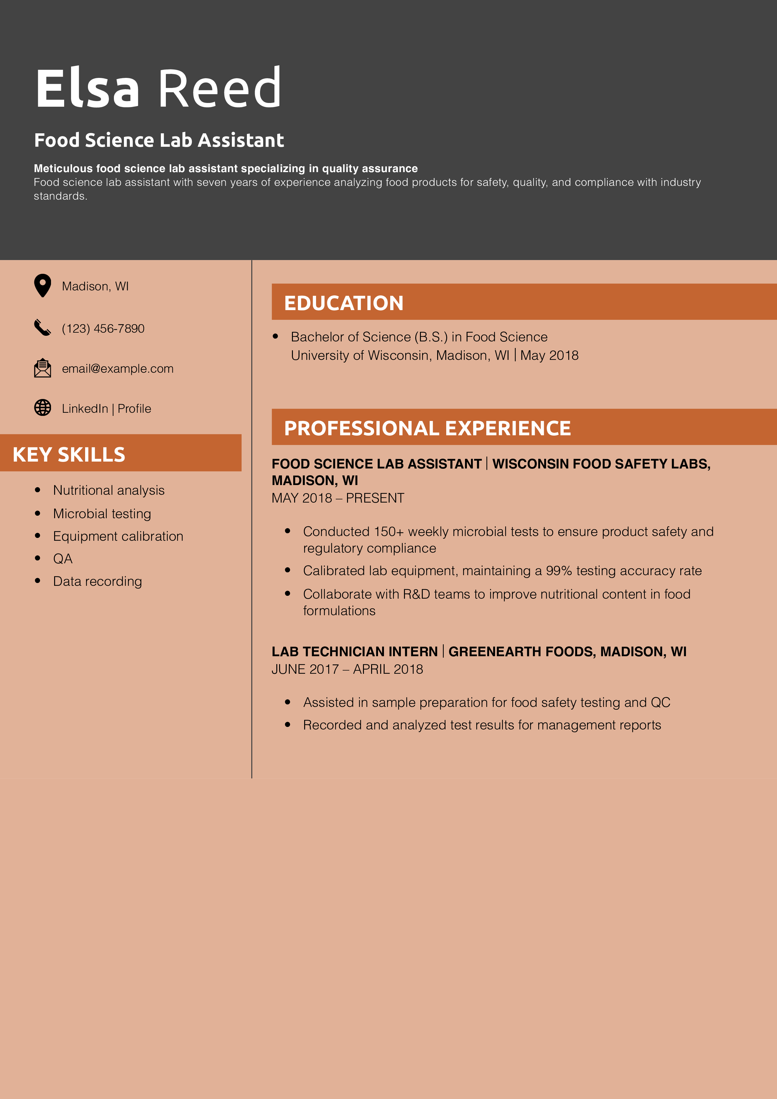 Food Science Lab Assistant Resume