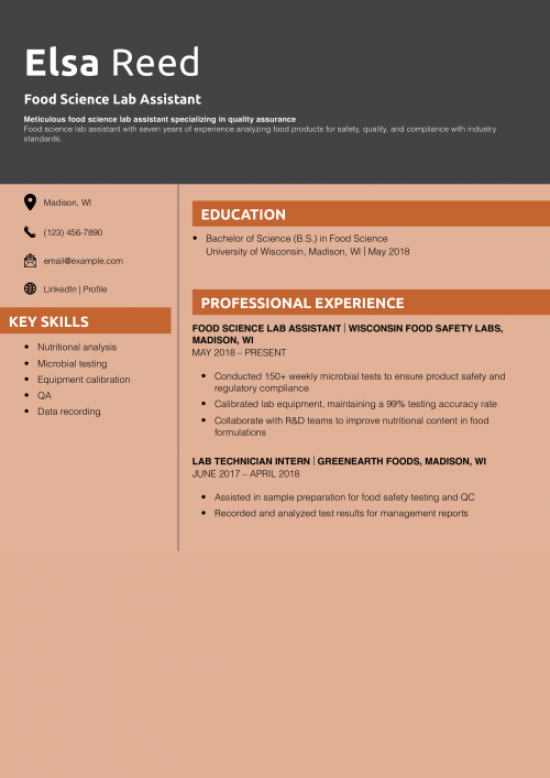 Food Science Lab Assistant Resume