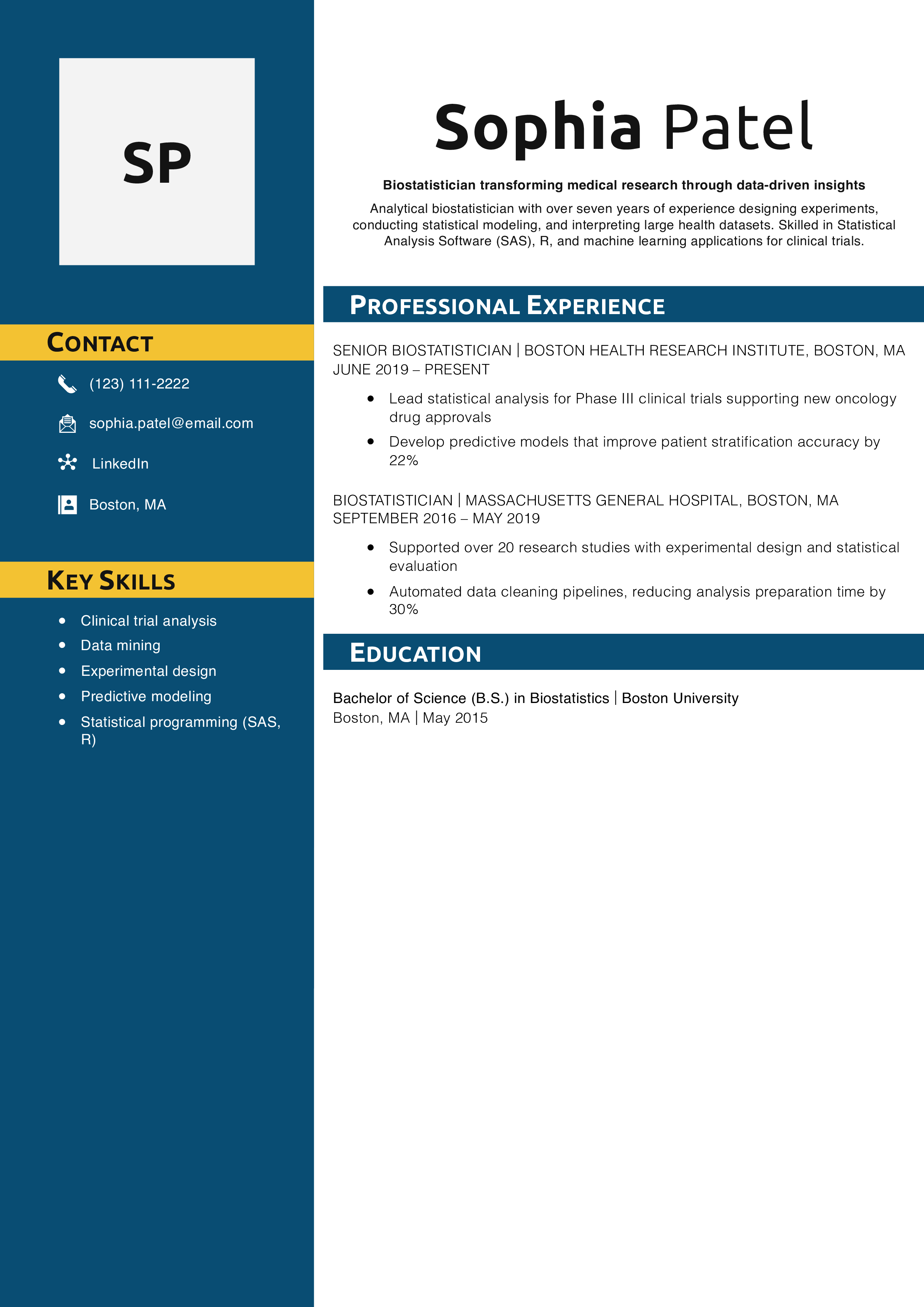 Biostatistician Resume Example