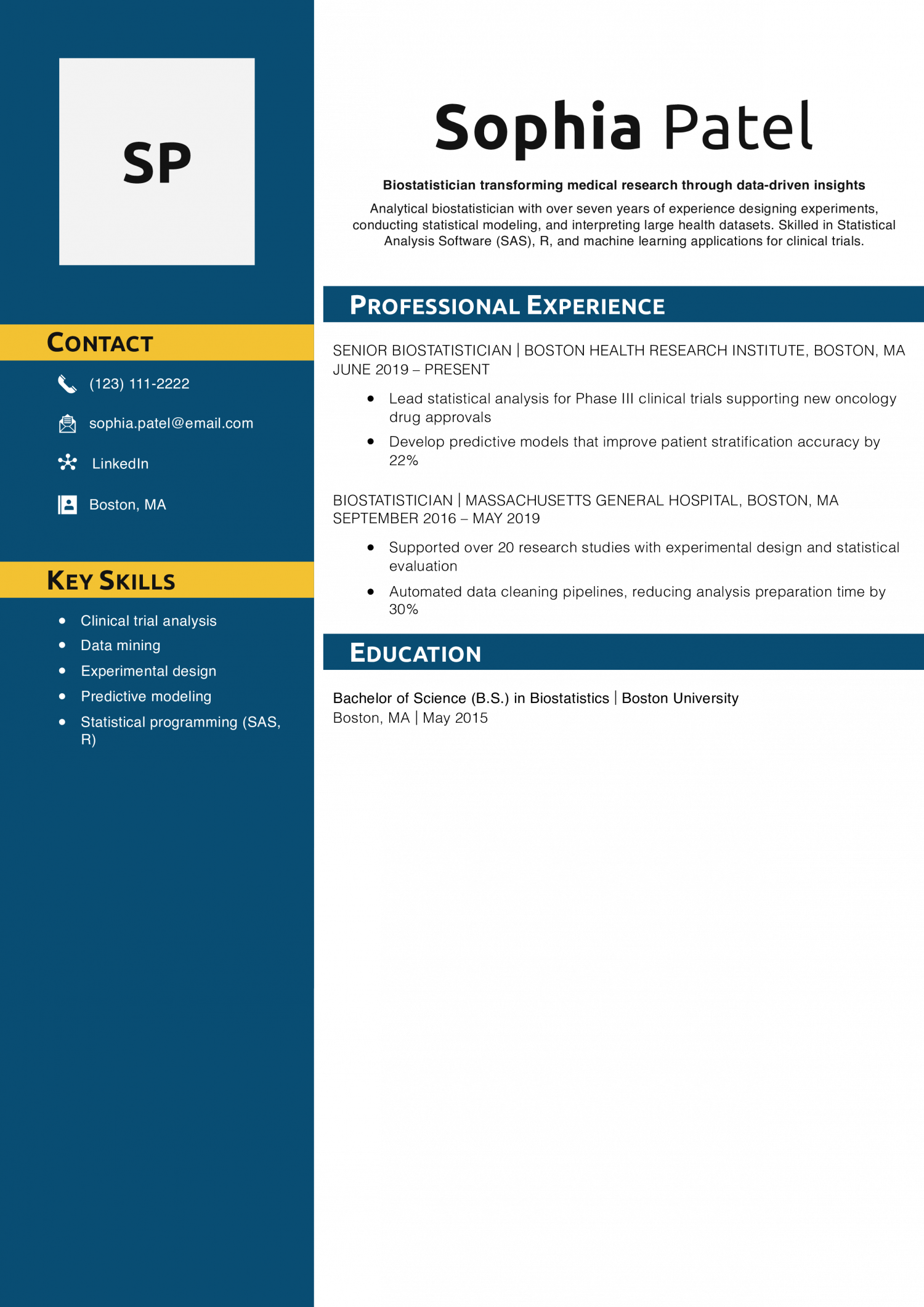 Biostatistician Resume Example