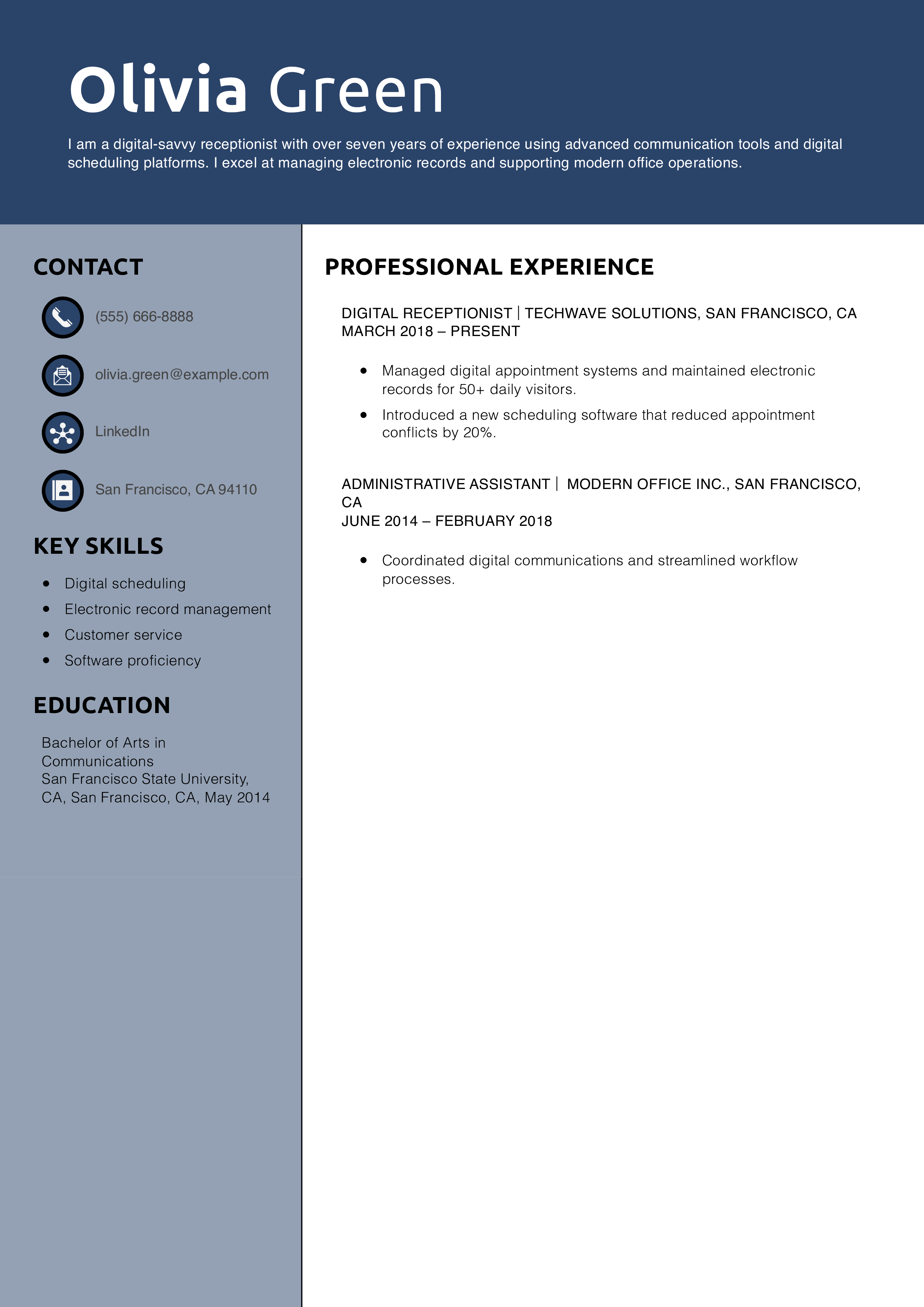 Digital Skills Receptionist Resume Example