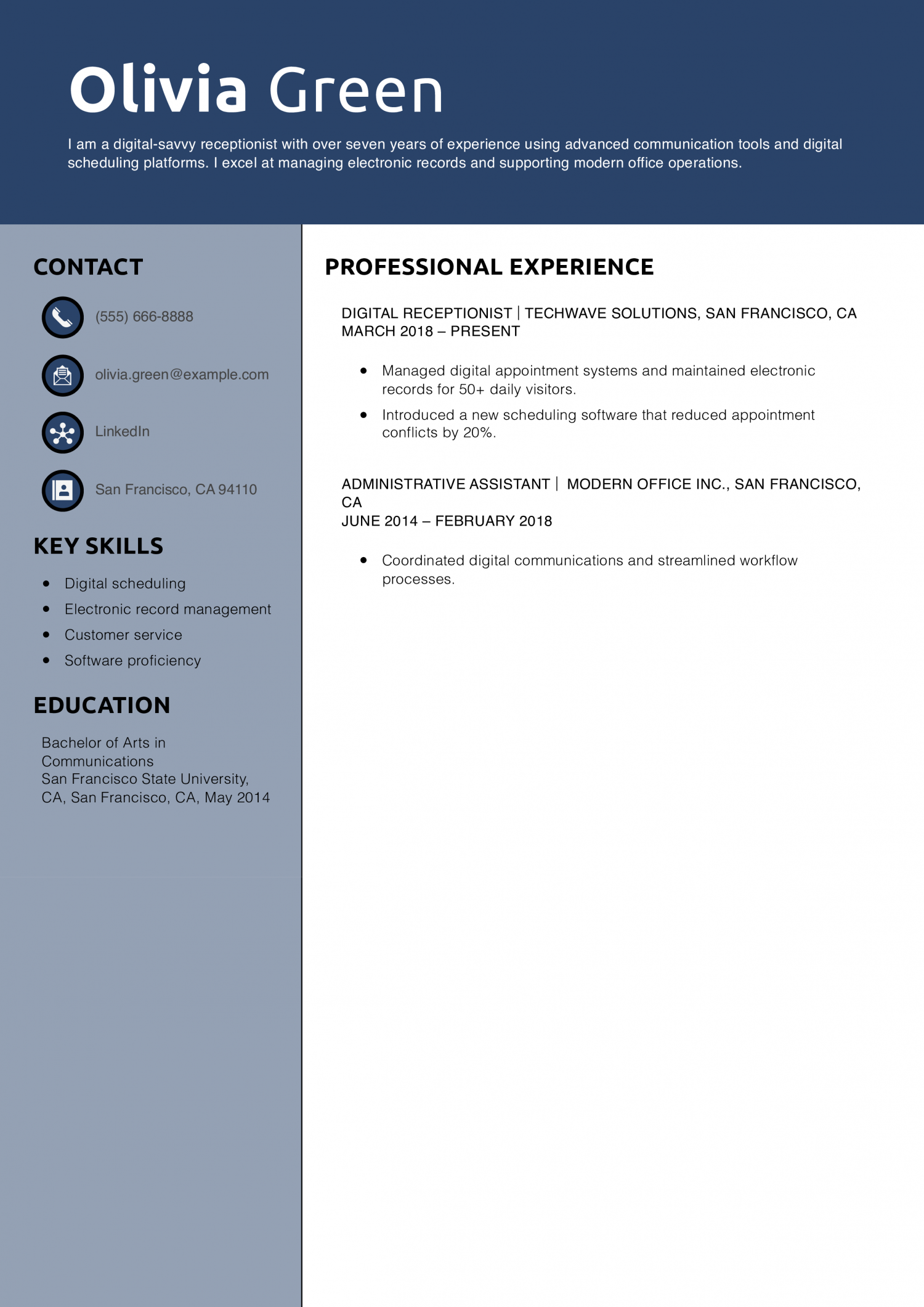 Digital Skills Receptionist Resume Example
