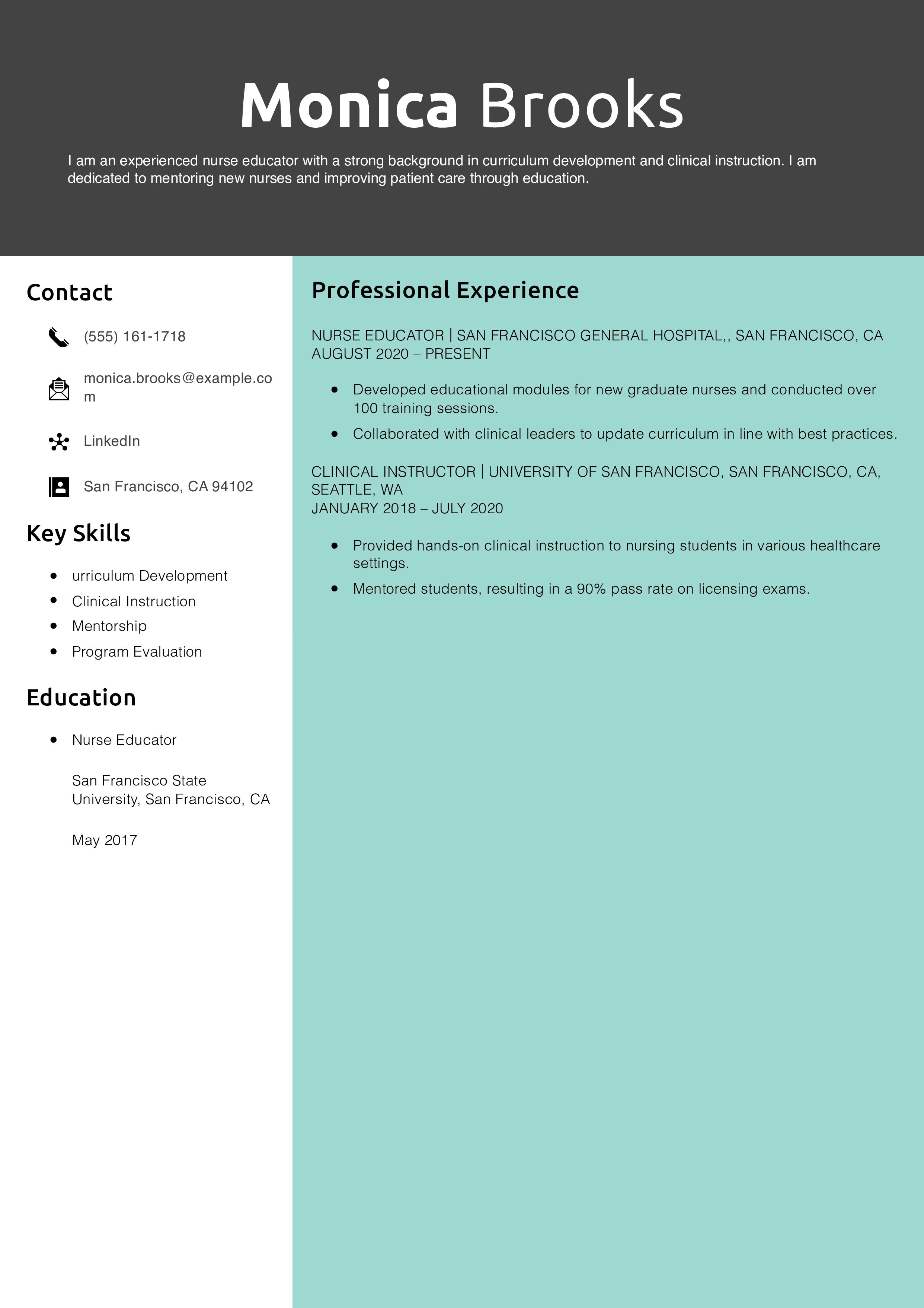 Nurse Educator Resume Example