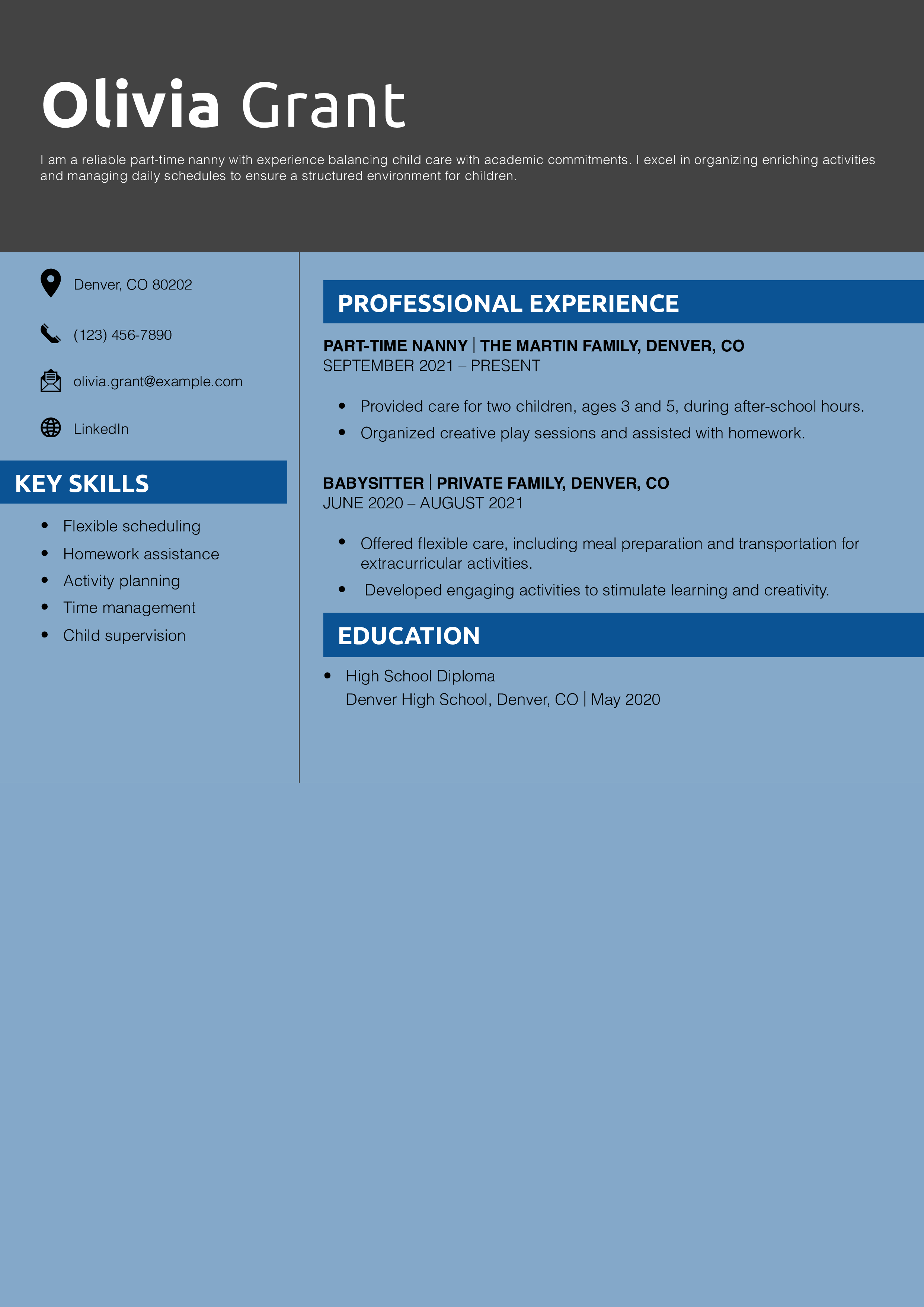 Part-Time Nanny Resume Example