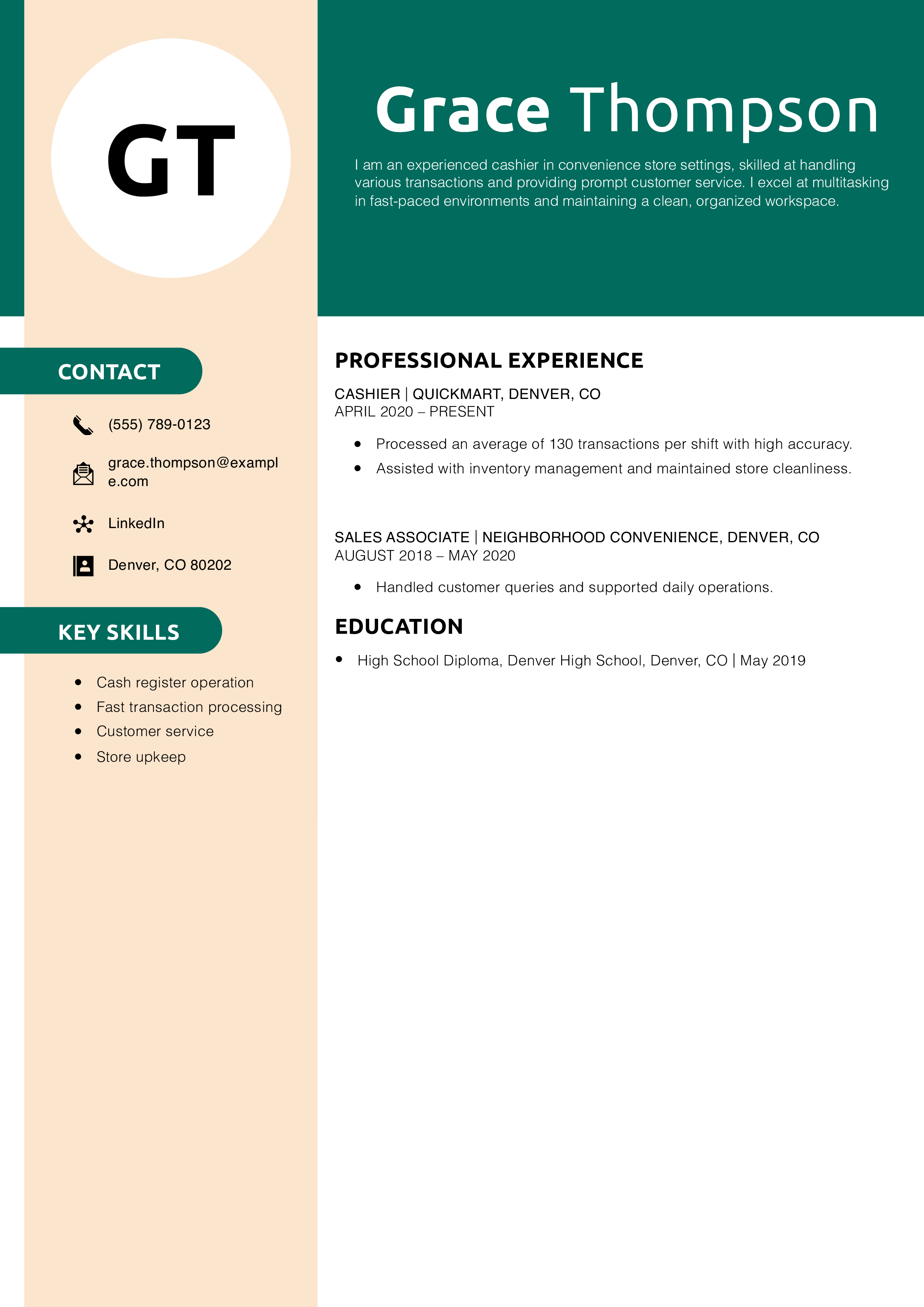 Convenience Store Cashier Resume Example