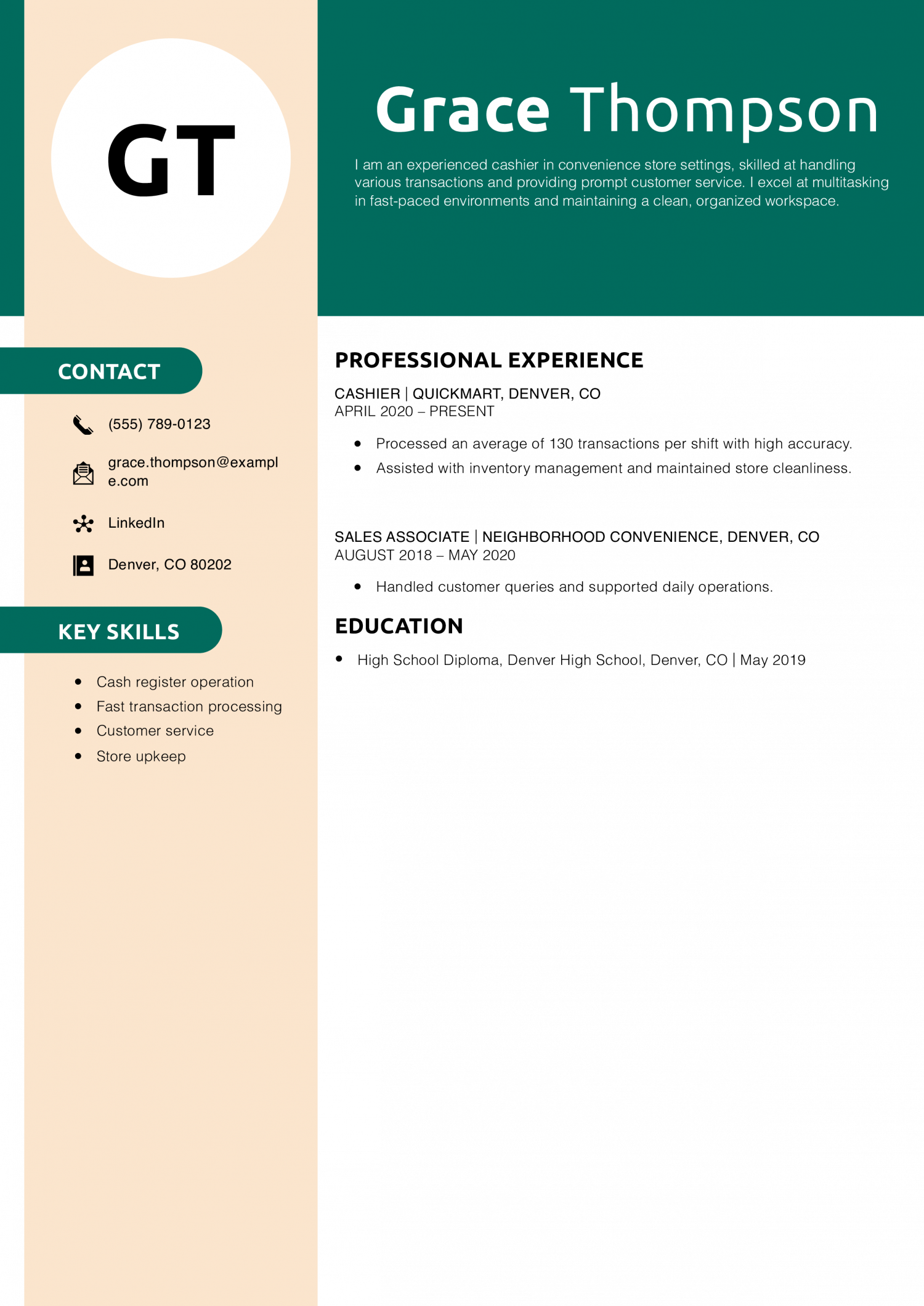 Convenience Store Cashier Resume Example