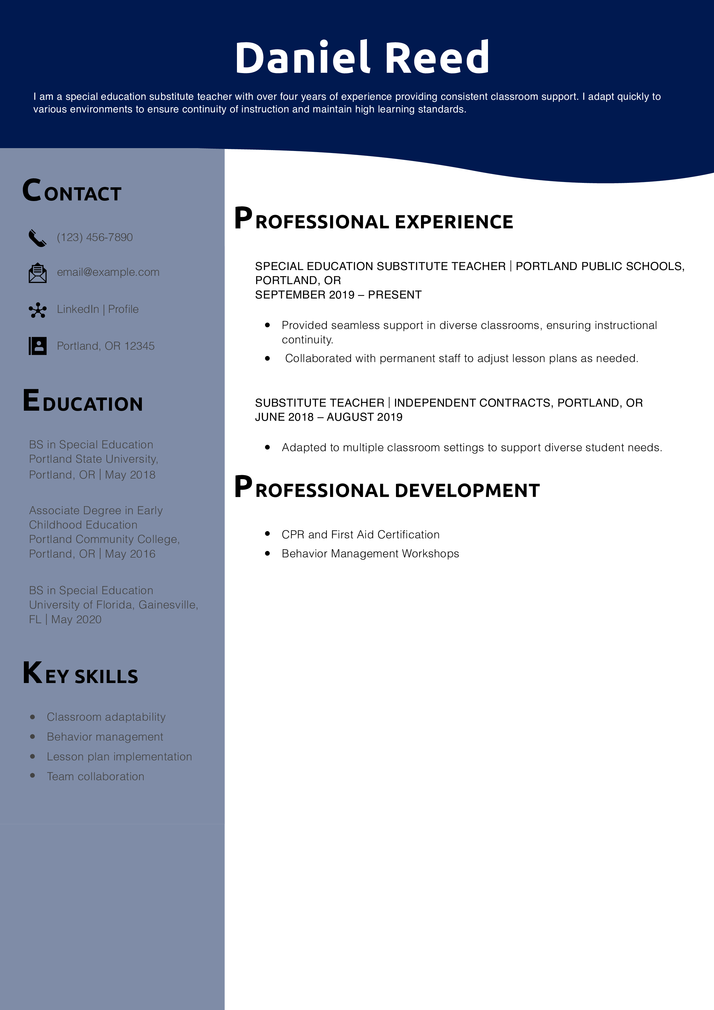 Special Education Substitute Teacher Resume Example