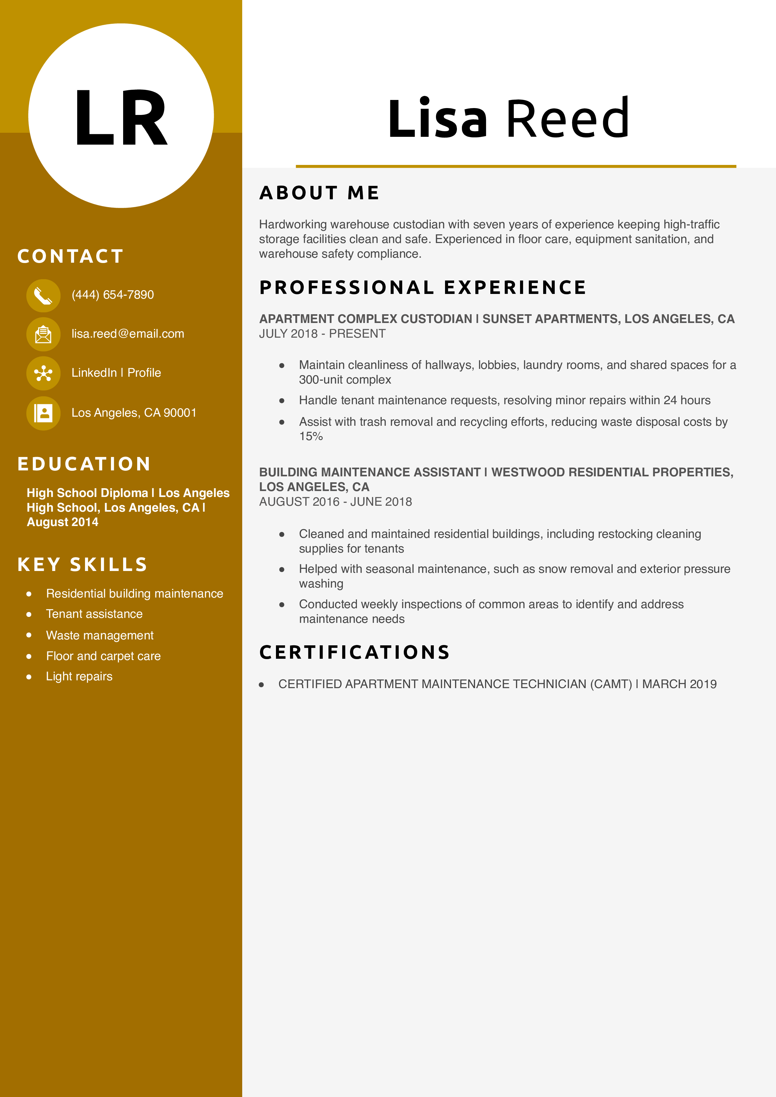 Apartment Complex Custodian Resume Example