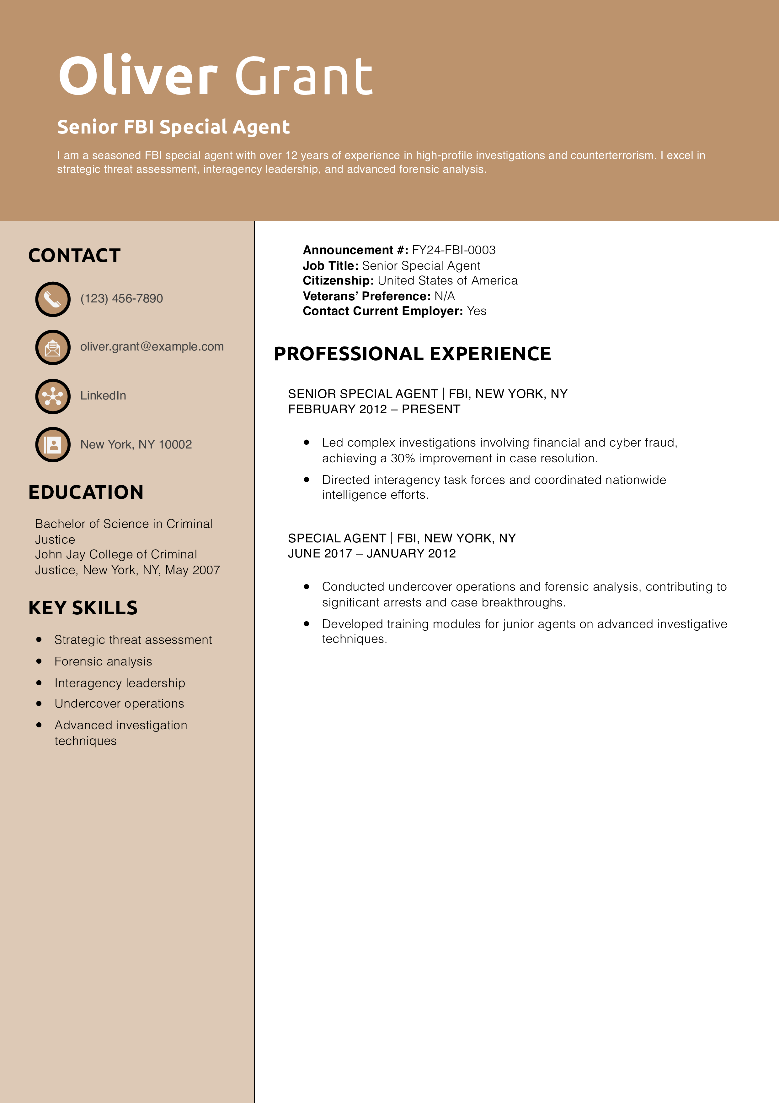 Senior FBI Special Agent Resume Example