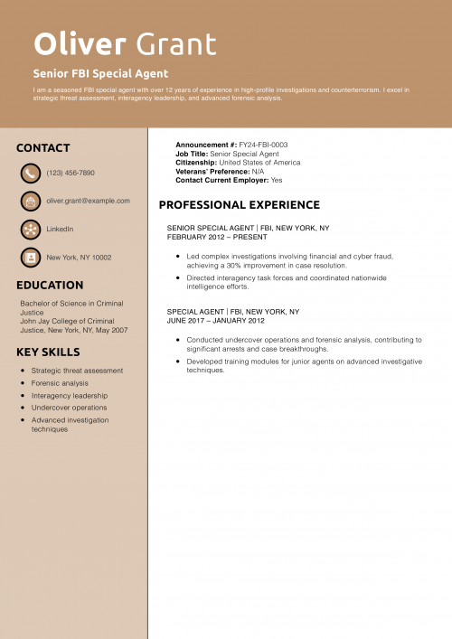 Senior FBI Special Agent Resume Example