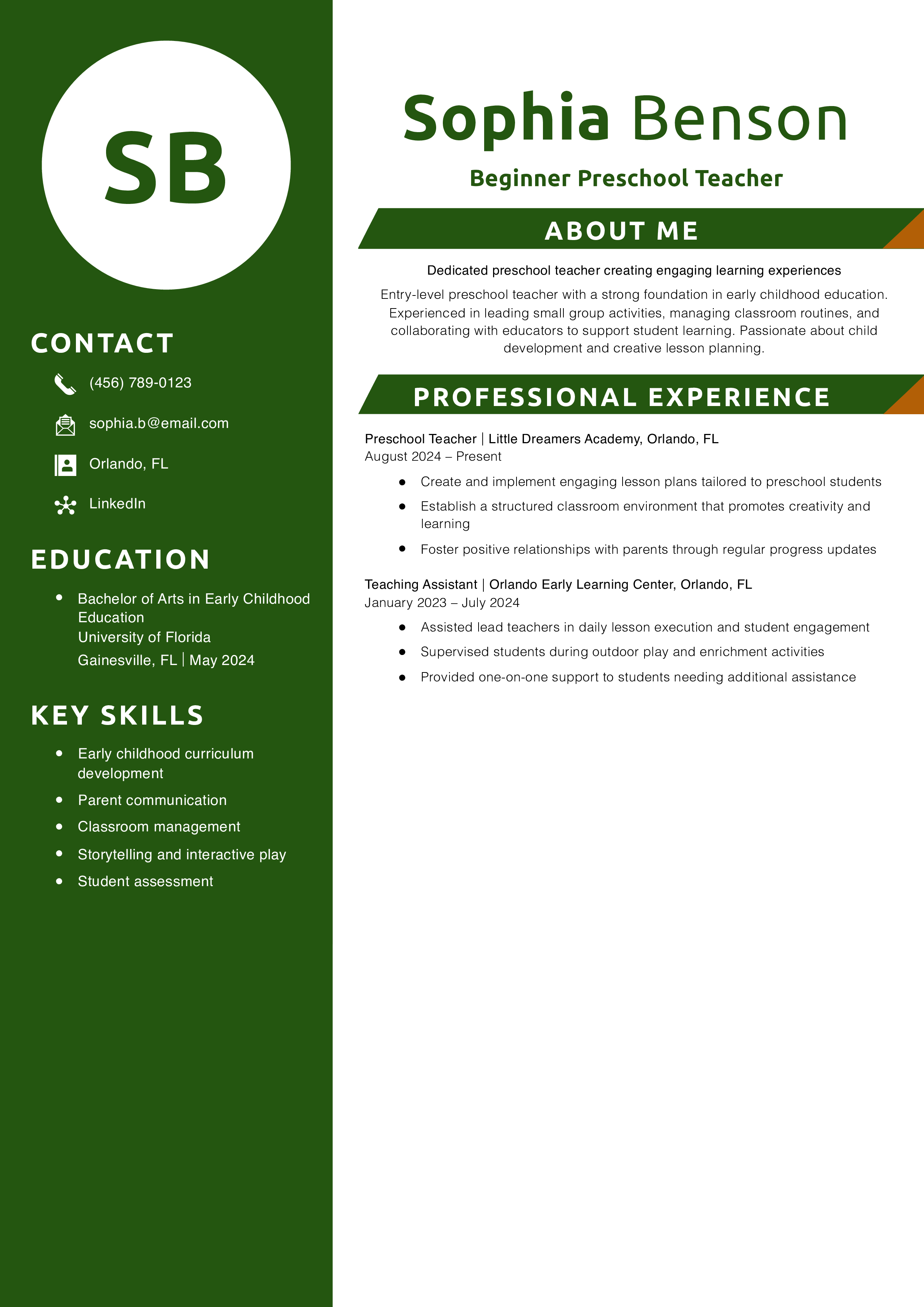 Beginner Preschool Teacher Resume