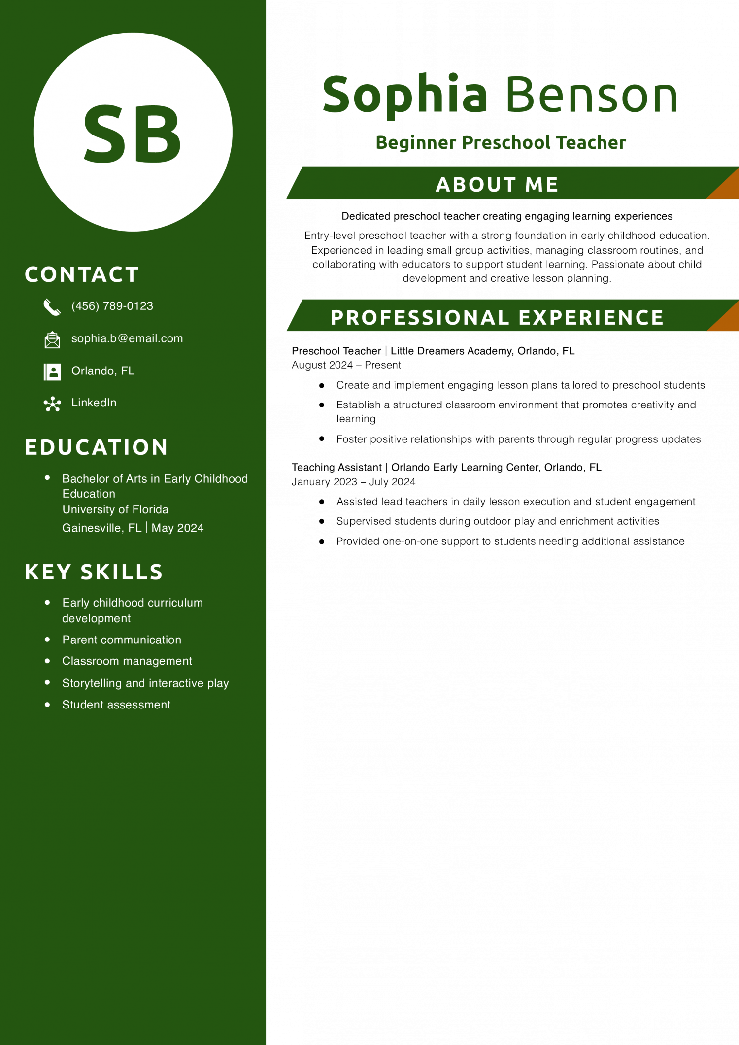 Beginner Preschool Teacher Resume