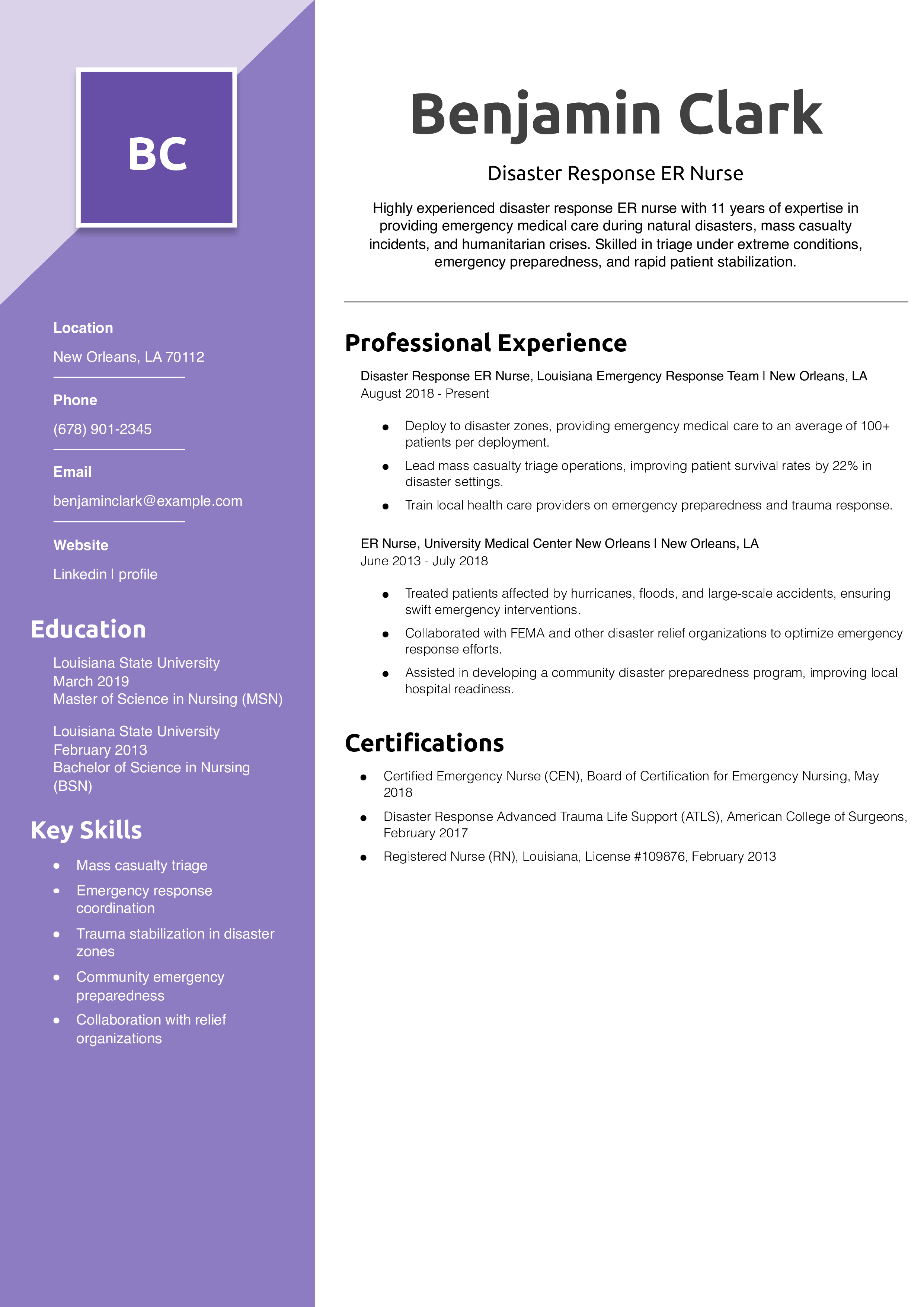 Disaster Response ER Nurse Resume Example