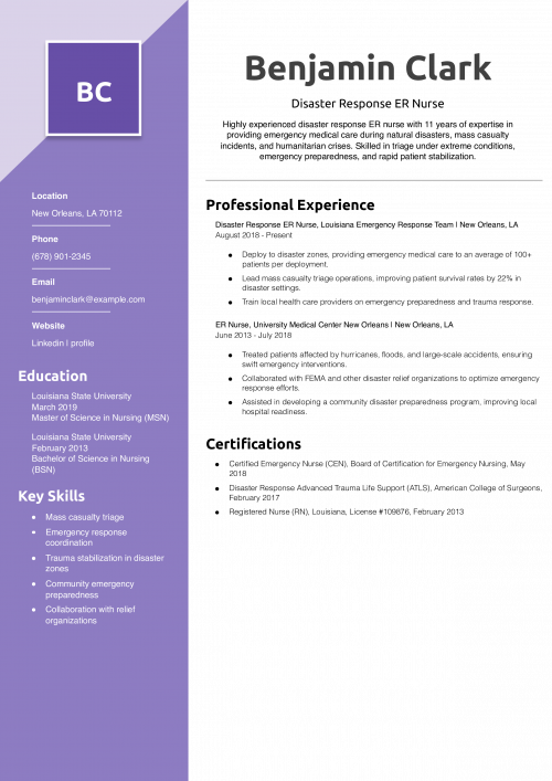 Disaster Response ER Nurse Resume Example