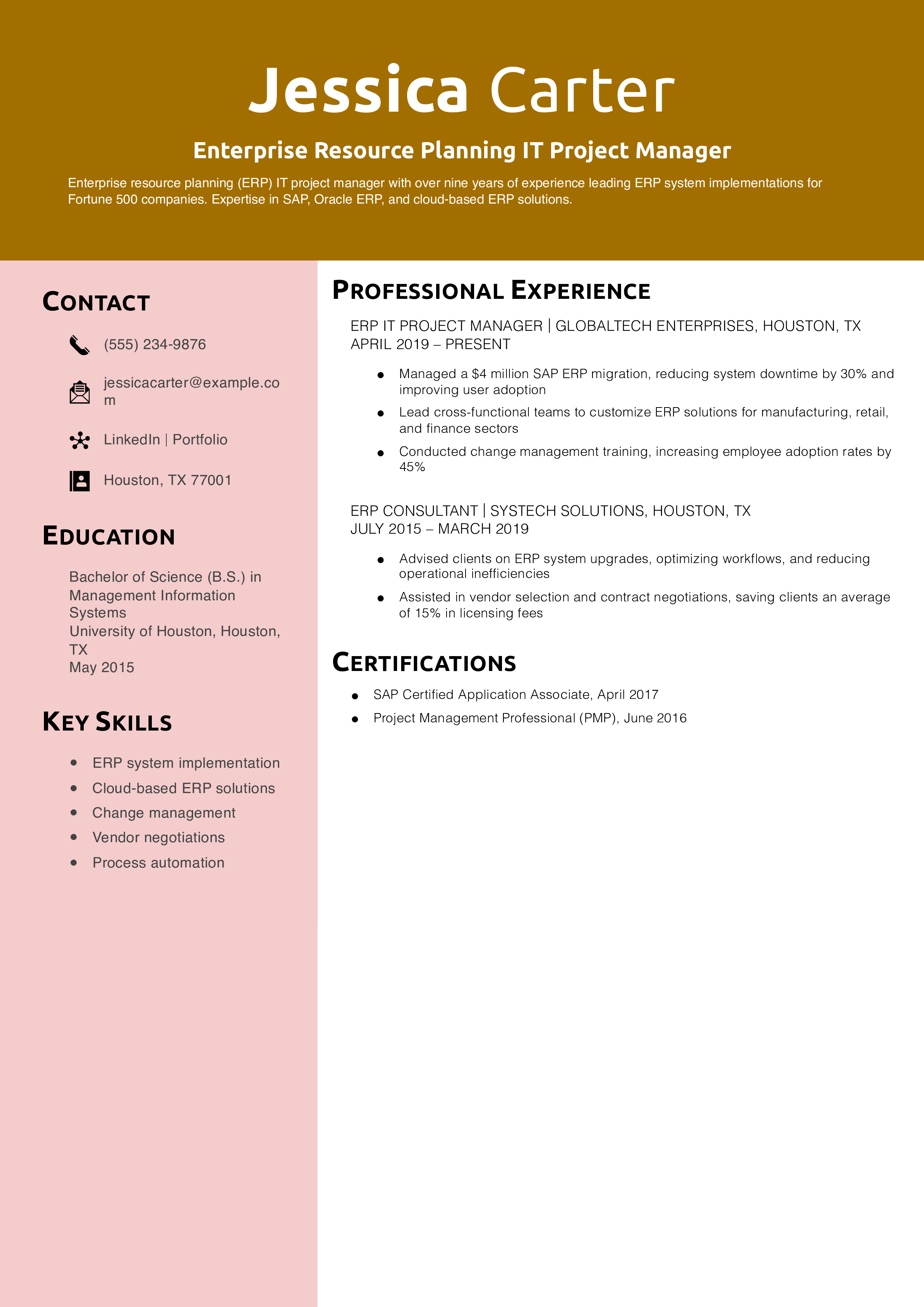 Enterprise Resource Planning IT Project Manager Resume Example