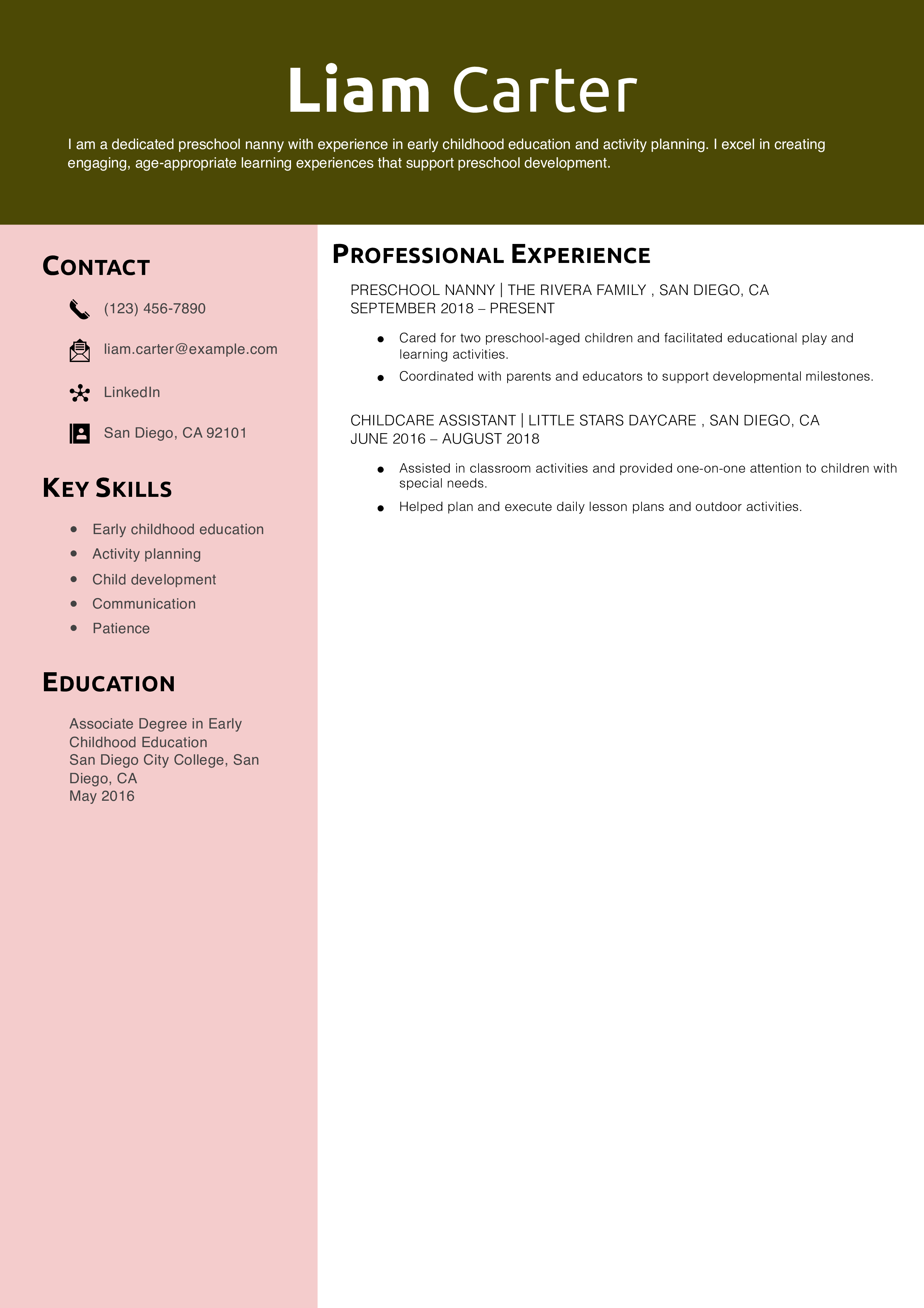 Preschool Nanny Resume Example