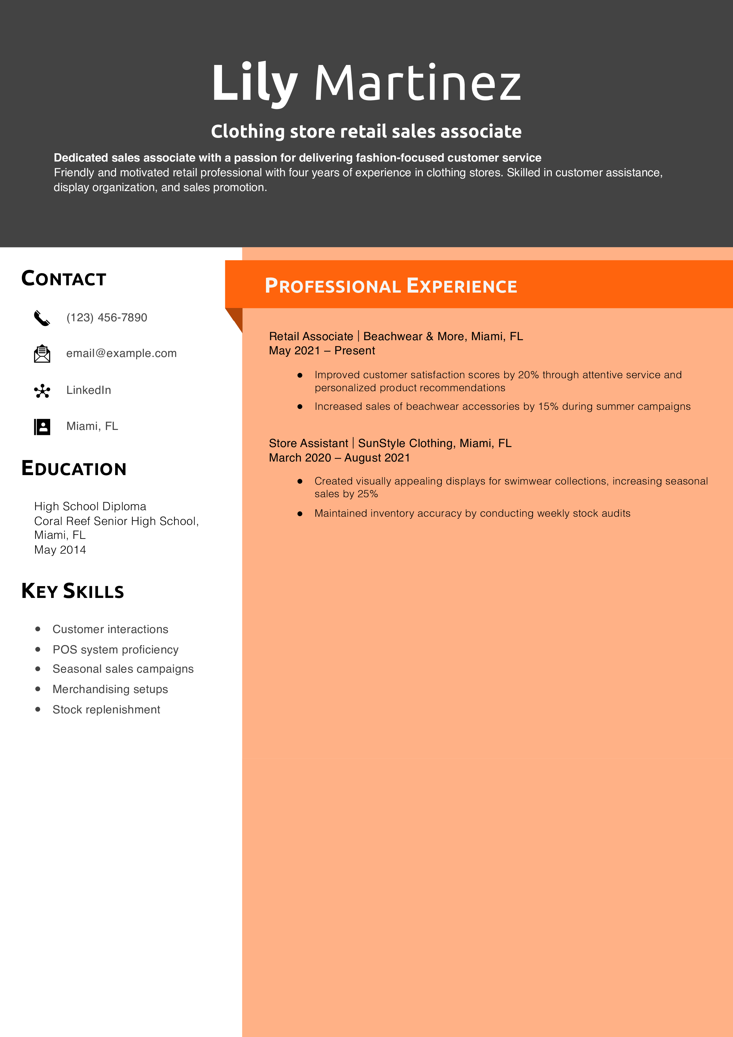 Clothing store retail sales associate resume