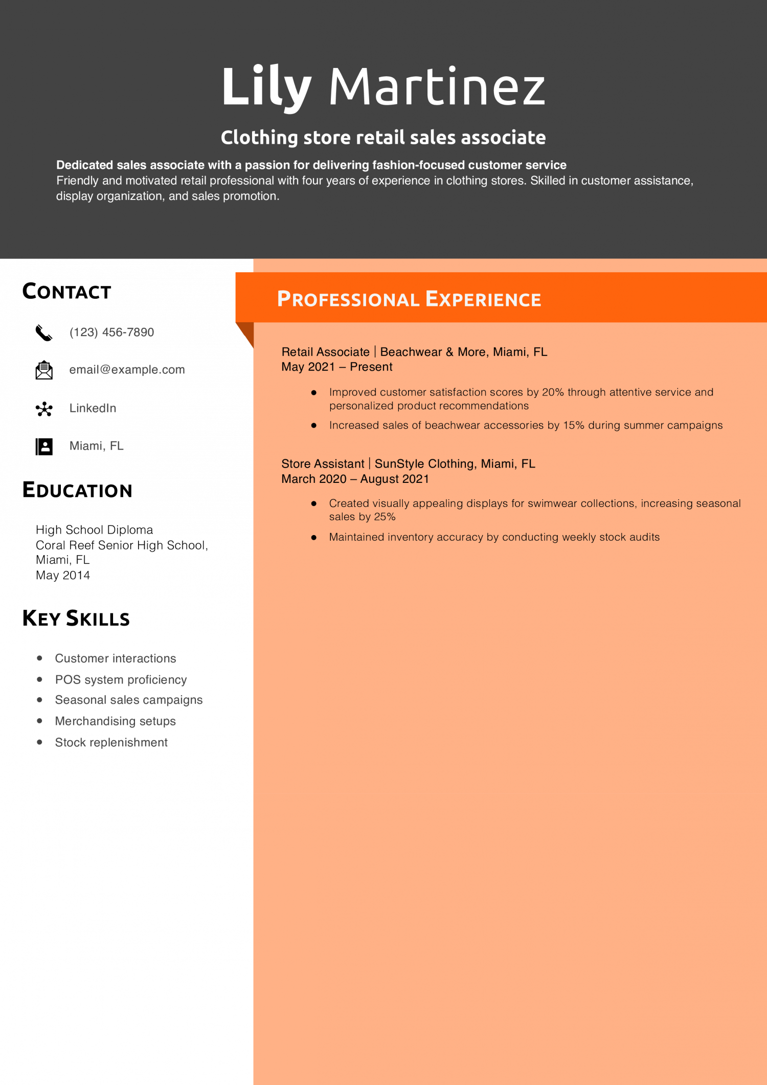 Clothing store retail sales associate resume