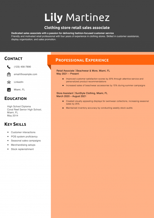 Clothing store retail sales associate resume