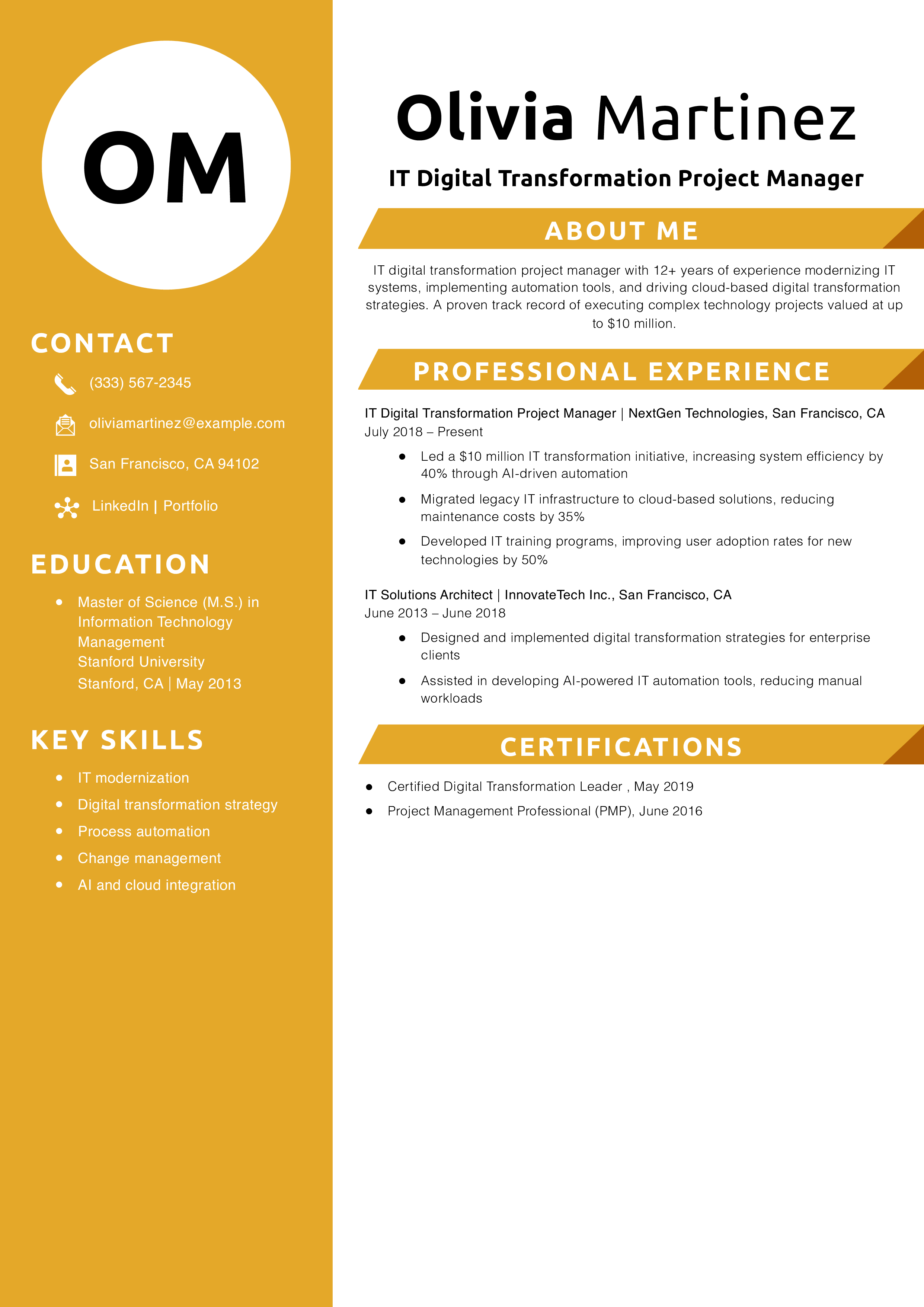 IT Digital Transformation Project Manager Resume Example