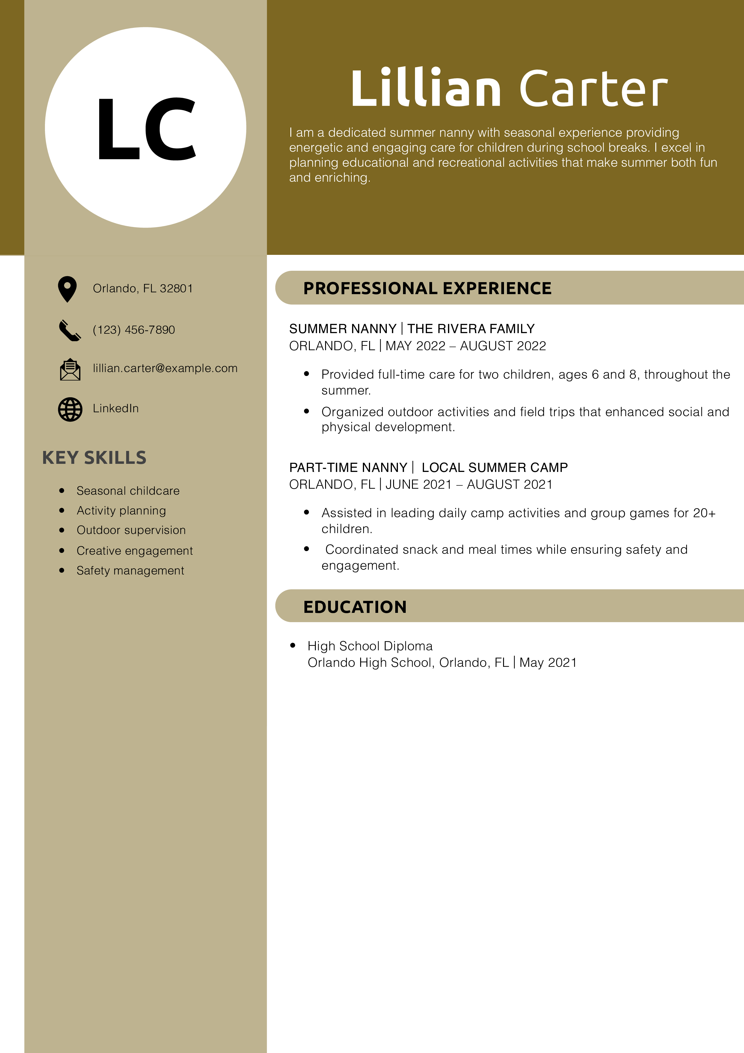 Summer Nanny Resume Example