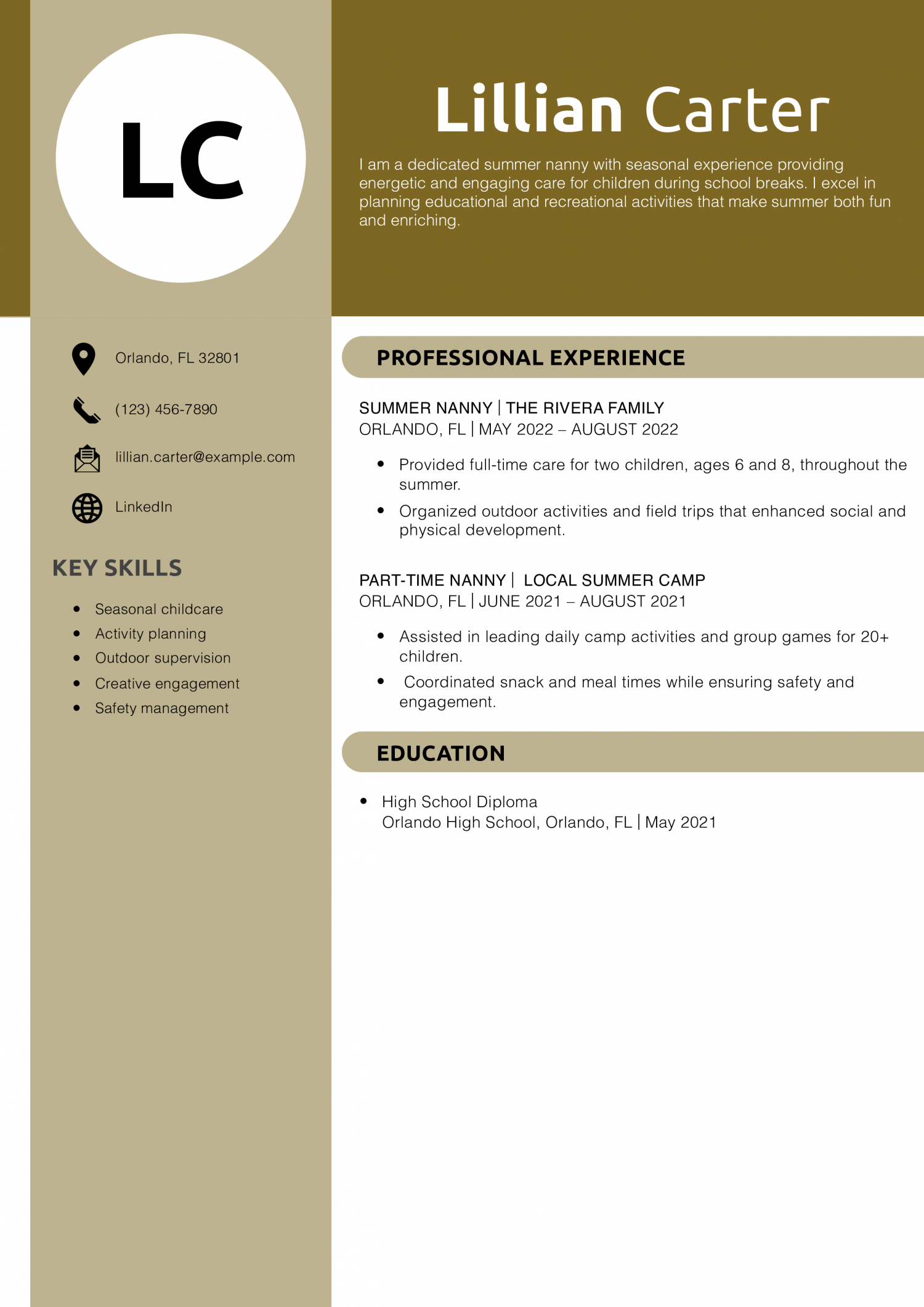 Summer Nanny Resume Example