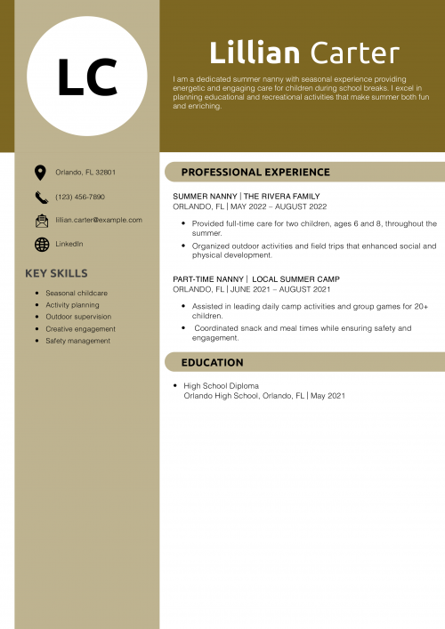 Summer Nanny Resume Example